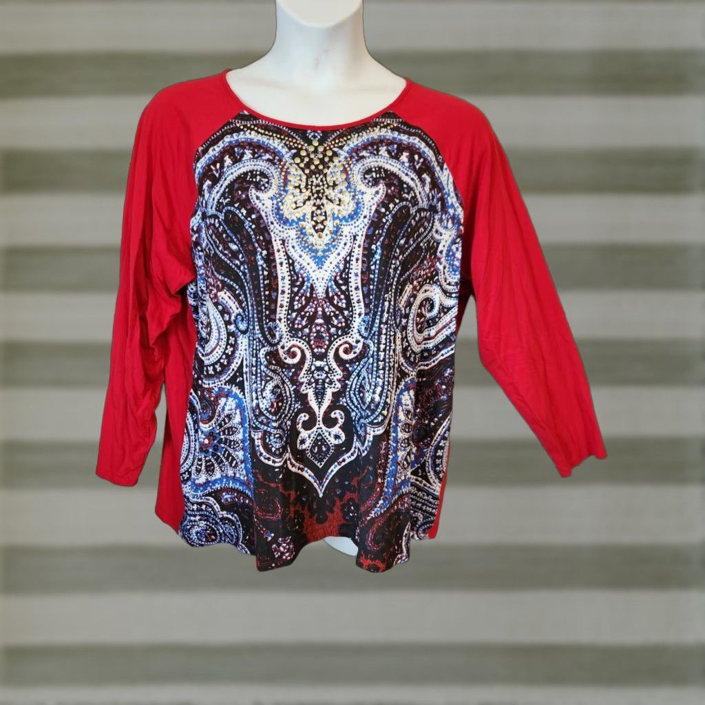 Vintage Diane Gilman Top 2X Plus Red Studded Paisley Long Sleeve Size XXL / US 16-18 / IT 52-54 - 1 Thumbnail