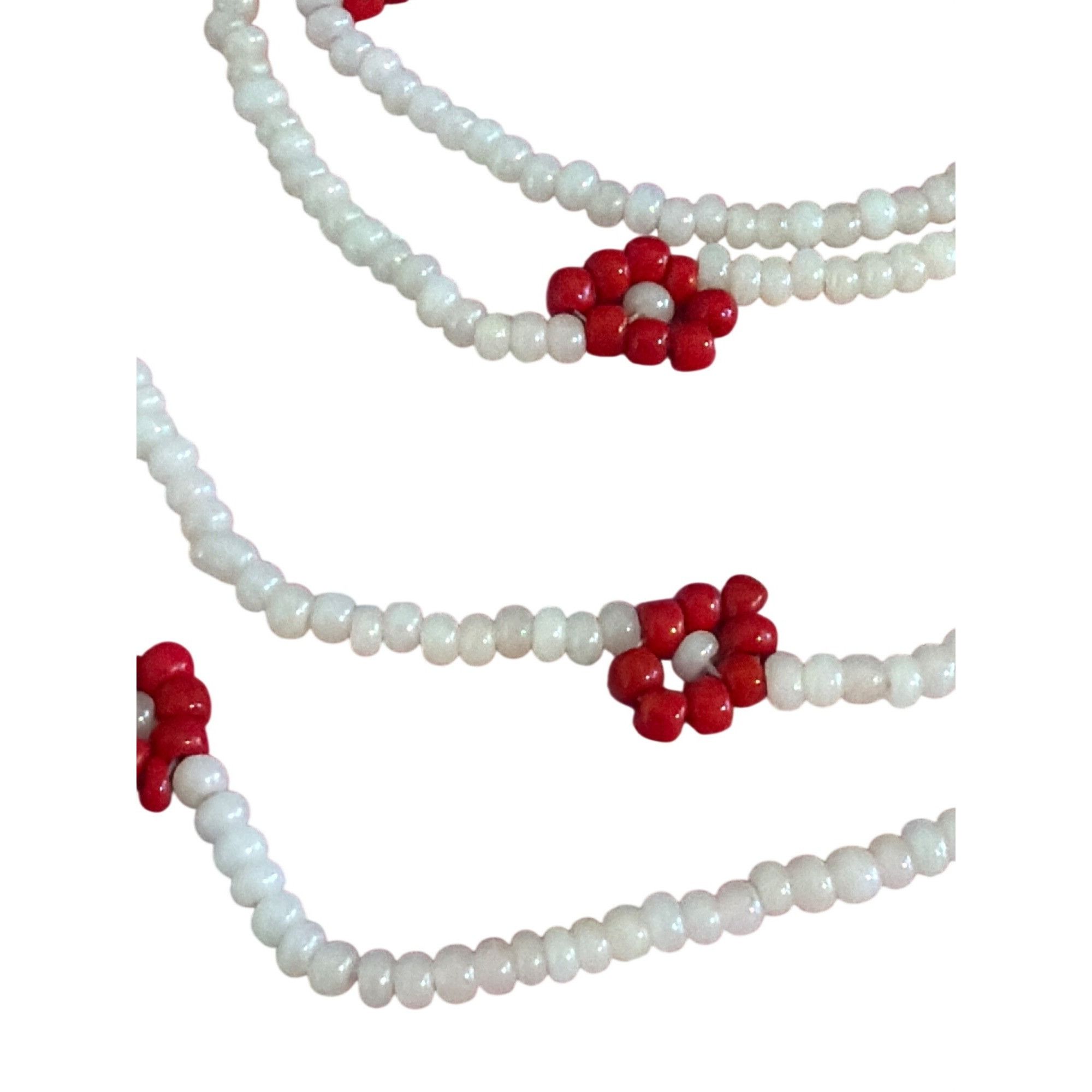 Other Vintage Seed Bead Necklace White Red Flowers No Clasp 43" Bo Size ONE SIZE - 2 Thumbnail
