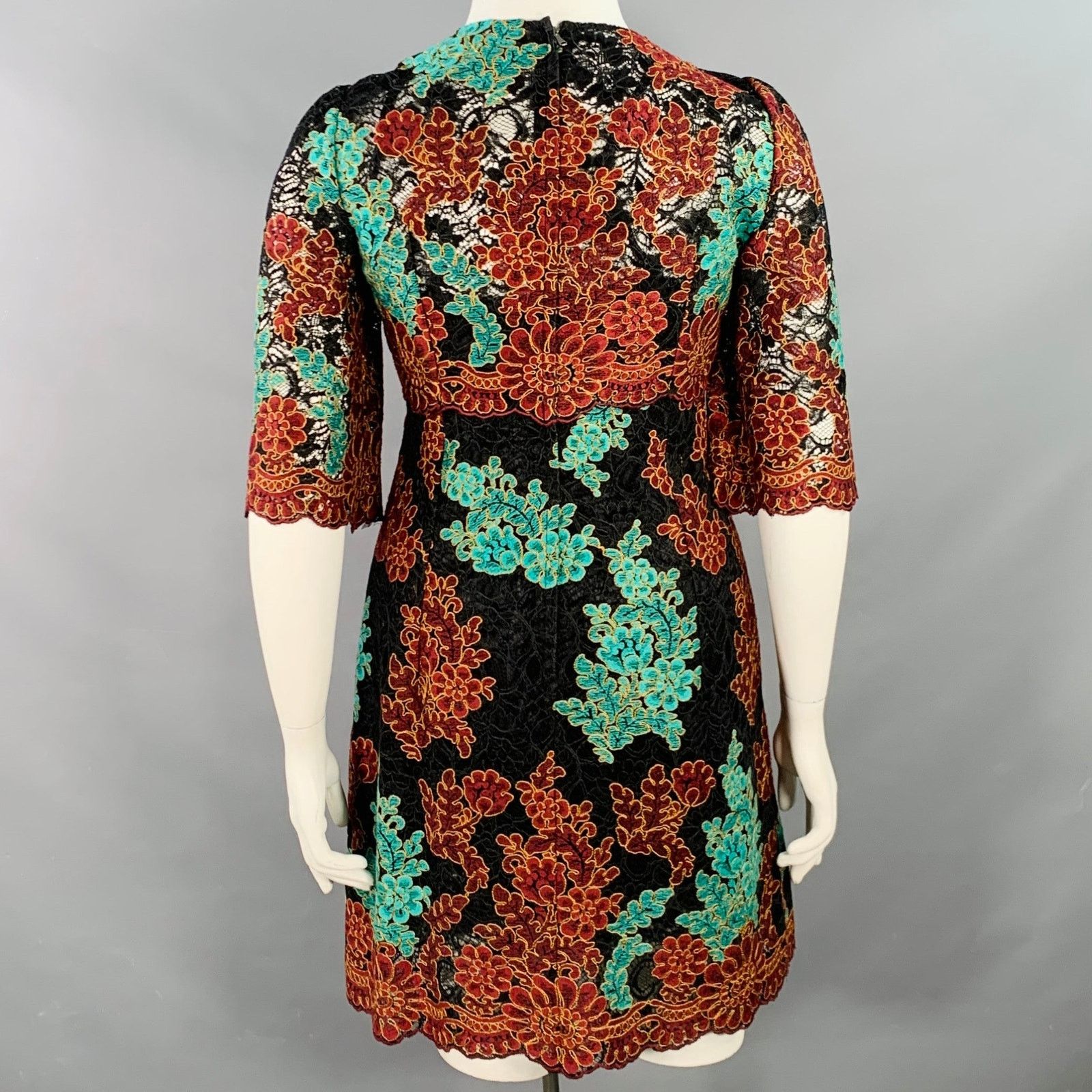 Dolce & Gabbana Black Green Brown Floral Lace 3/4 Sleeves Knee Length Dress Size L / US 10 / IT 46 - 4 Thumbnail