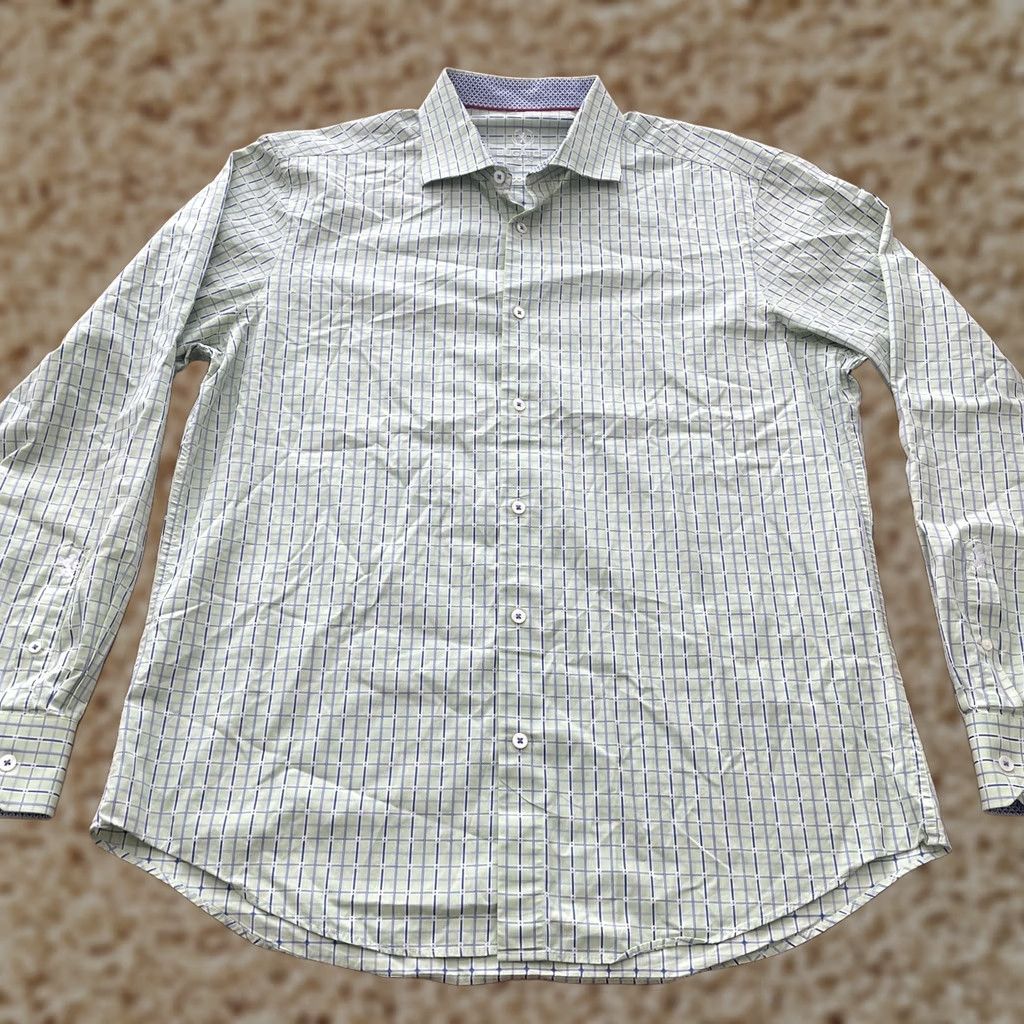 BUGATCHI BUGATCHI Green Blue Plaid Dress Shirt Mens Regular Size 17.5 Size 48R - 1 Thumbnail