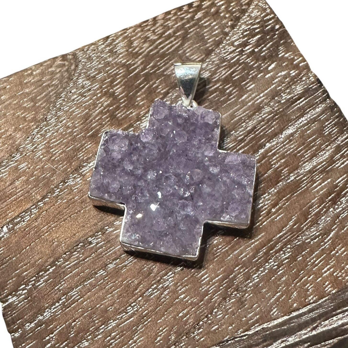 The Unbranded Brand 925 Sterling Silver Amethyst Druzy Cross Pendant Size ONE SIZE - 2 Thumbnail
