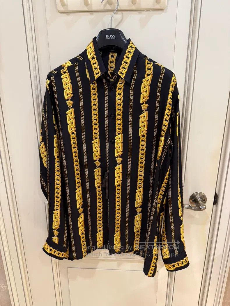 Versace Classic black gold chain print mulberry silk shirt