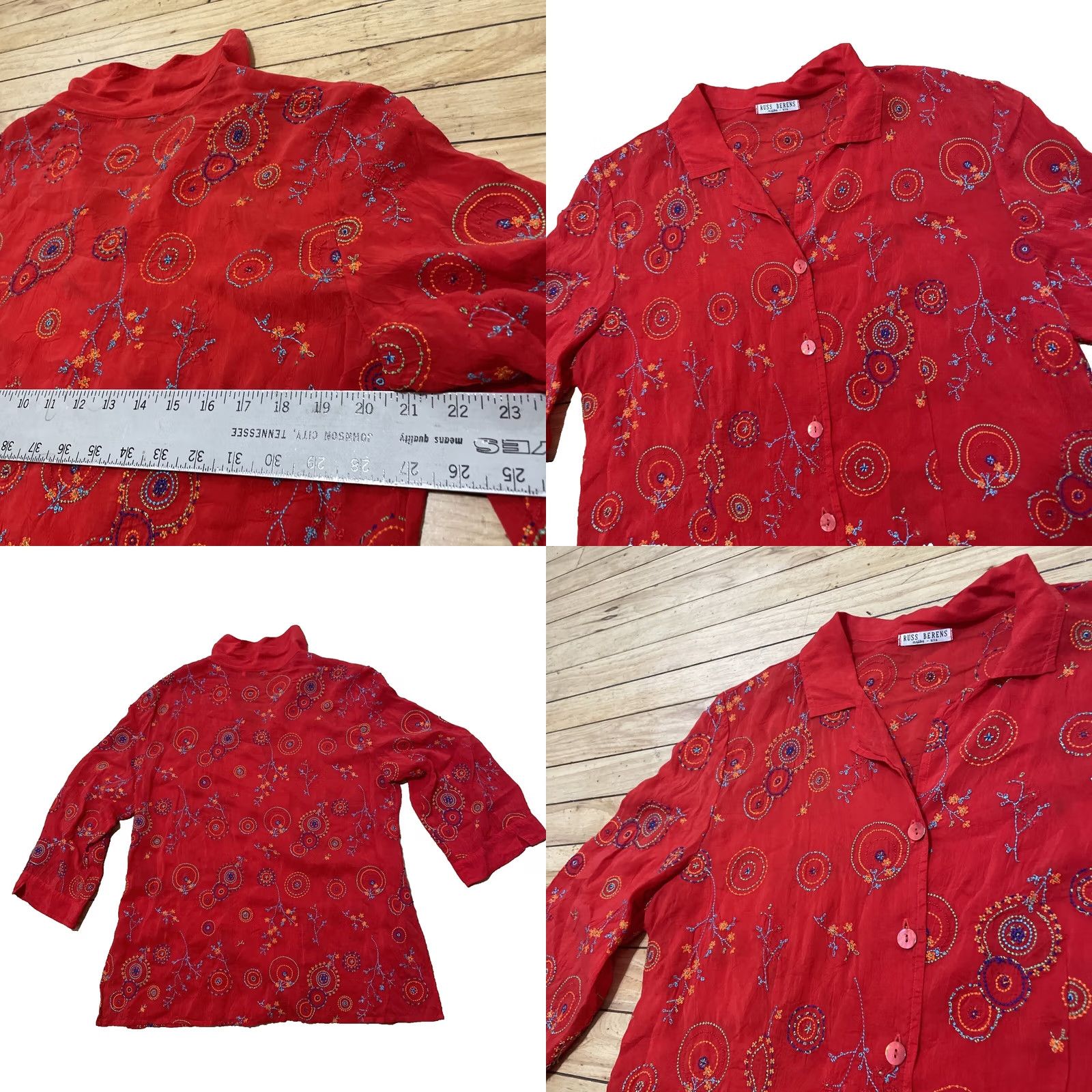 Vintage RUSS USA Top Womens XL Floral Beaded Boho Red Malibu Shirt Distress Holes Button-Up 3/4 Sleeve Cal... Size XL / US 12-14 / IT 48-50 - 8 Thumbnail