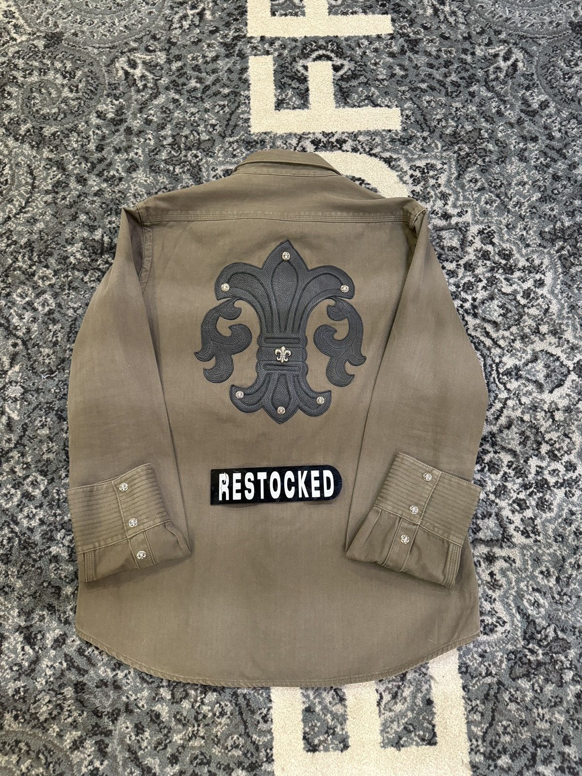 Chrome Hearts Olive & Black Leather Fleur Patch Button Up Shirt Size US L / EU 52-54 / 3 - 1 Thumbnail
