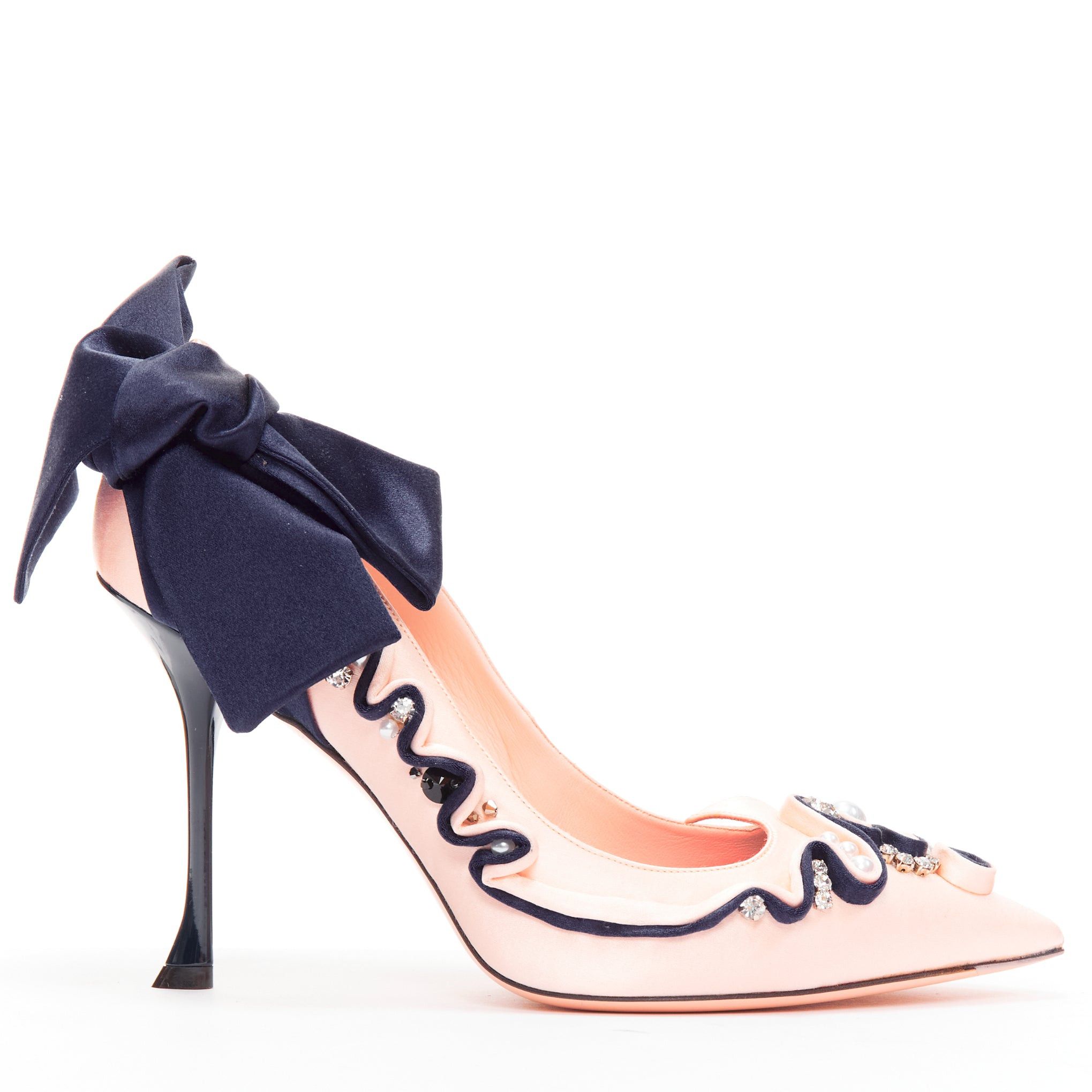 image of Roger Vivier Viv Couture Pink Navy Pearl Crystal Ribbon Heel Shoes Pump Eu40, Women's (Size 10)