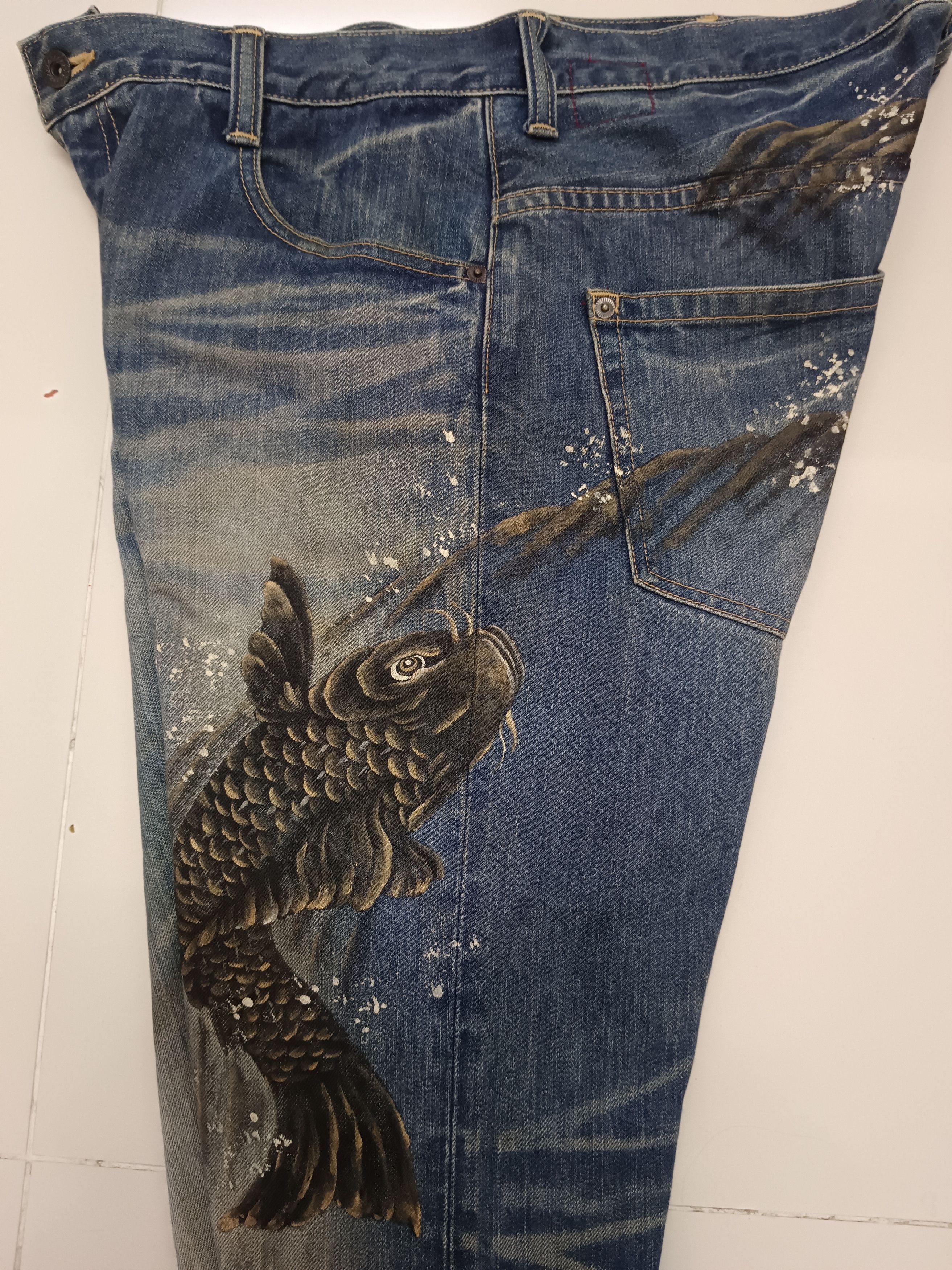 Japanese Brand Japanese Naminori Tatsujin Distressed Paint Koi Fish Jeans Size US 36 / EU 52 - 12 Thumbnail
