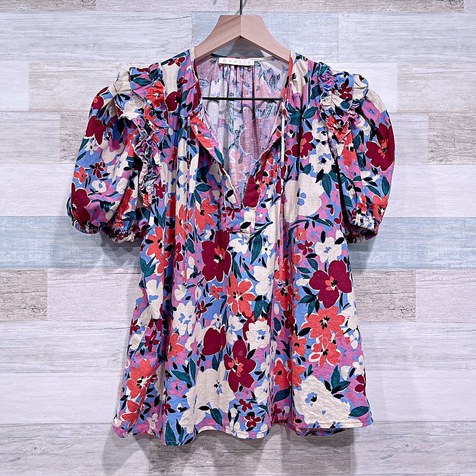 Other KARLIE Linen Floral V Neck Ruffle Top Pink Half Sleeve Med Size M / US 6-8 / IT 42-44 - 1 Thumbnail