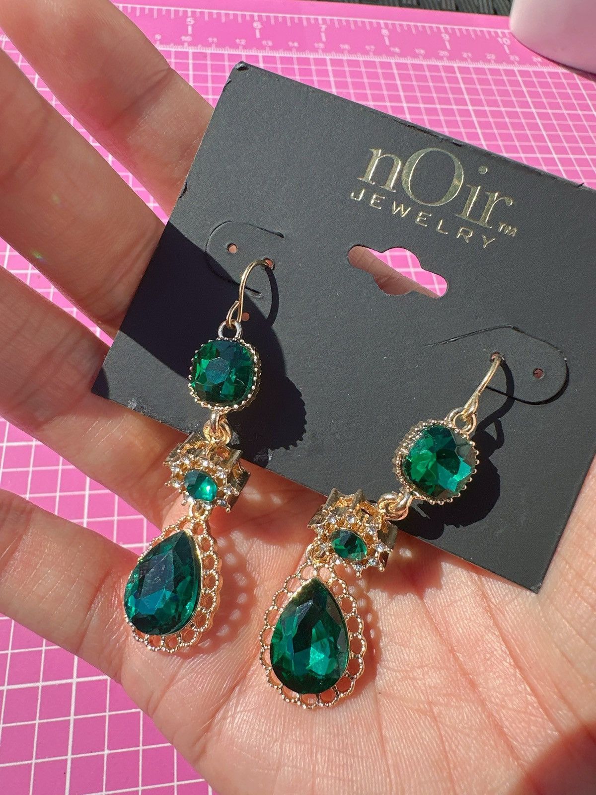 Designer nOir Jewelry Gold tone Green diamond Teardrop Earrings drops Size ONE SIZE - 2 Thumbnail