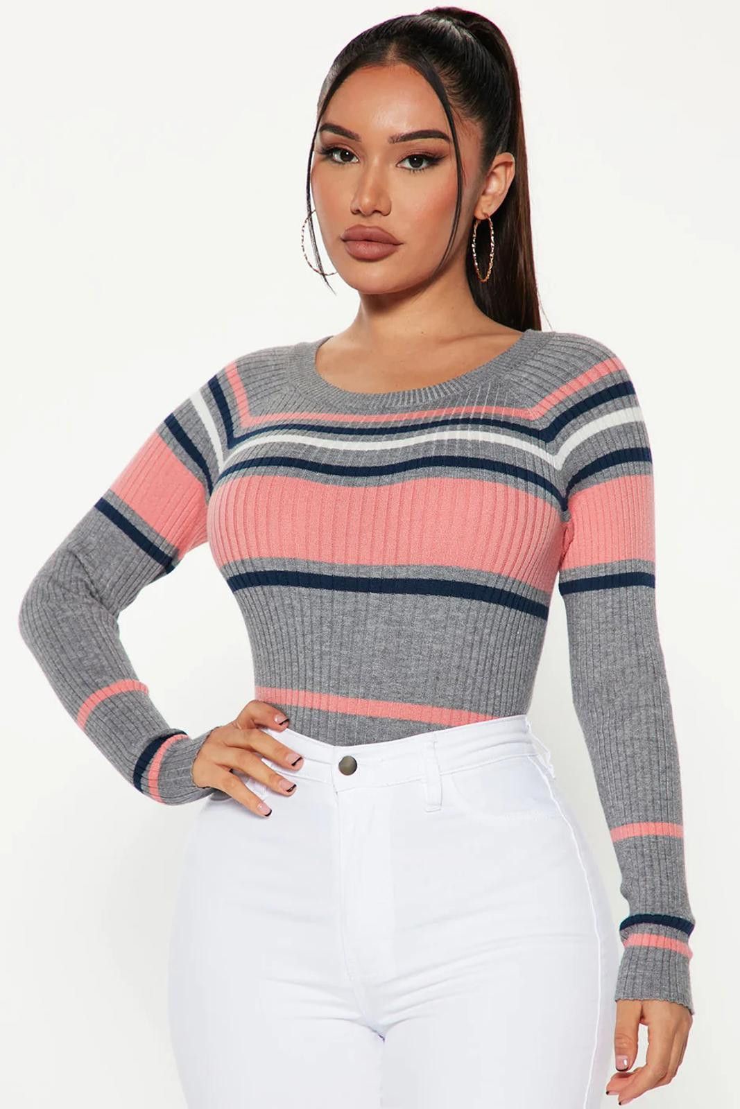 Fashion Nova Stripes For Days Sweater - Heather Grey Size M / US 6-8 / IT 42-44 - 1 Thumbnail