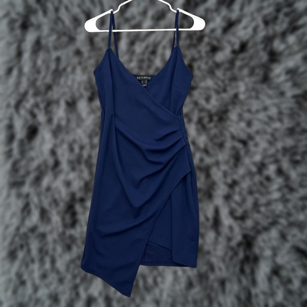 Vintage Revamped Faux Wrap Slip Dress M Women's Blue Polyester Spandex Short Bodycon Mini 90s Y2K Sexy Minimalist Party Cocktail Size M / US 6-8 / IT 42-44 - 1 Thumbnail
