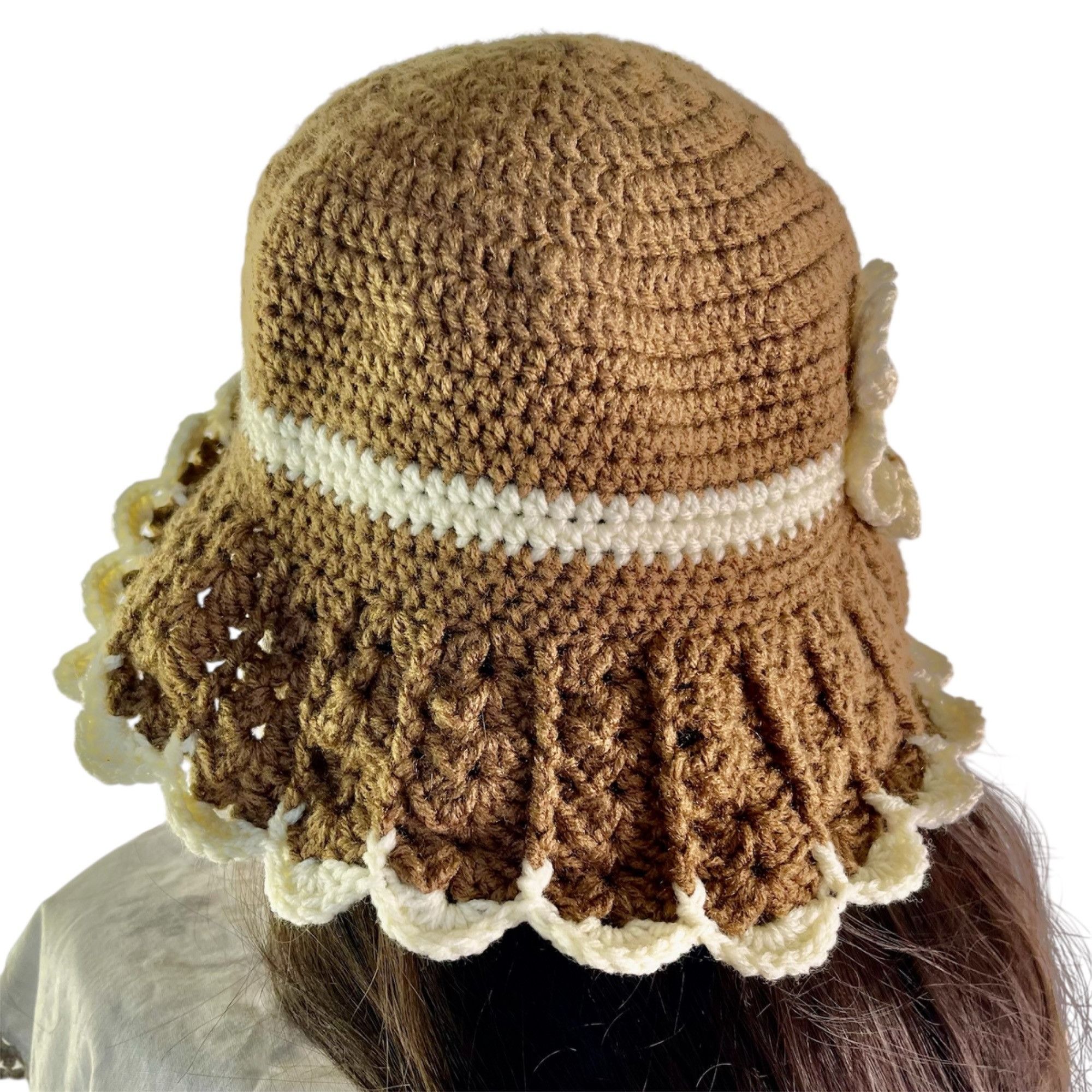 Handmade Crochet Bucket Hat Retro Cloche Style Brown and Cream Handma Size ONE SIZE - 7 Thumbnail