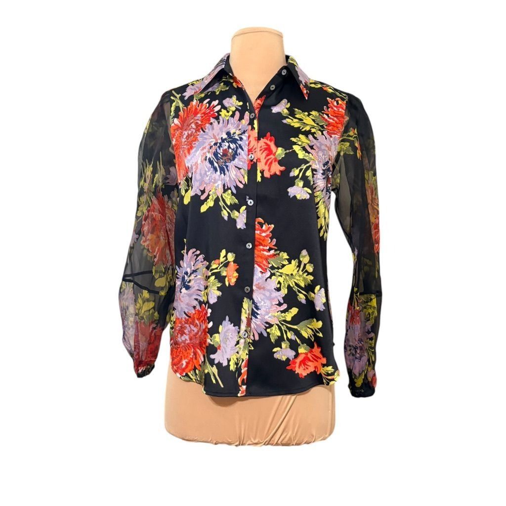 Cinq a Sept NEW Cinq a Sept Floral Blouse XS Black Multi Silk Sheer Puff Size XS / US 0-2 / IT 36-38 - 5 Thumbnail