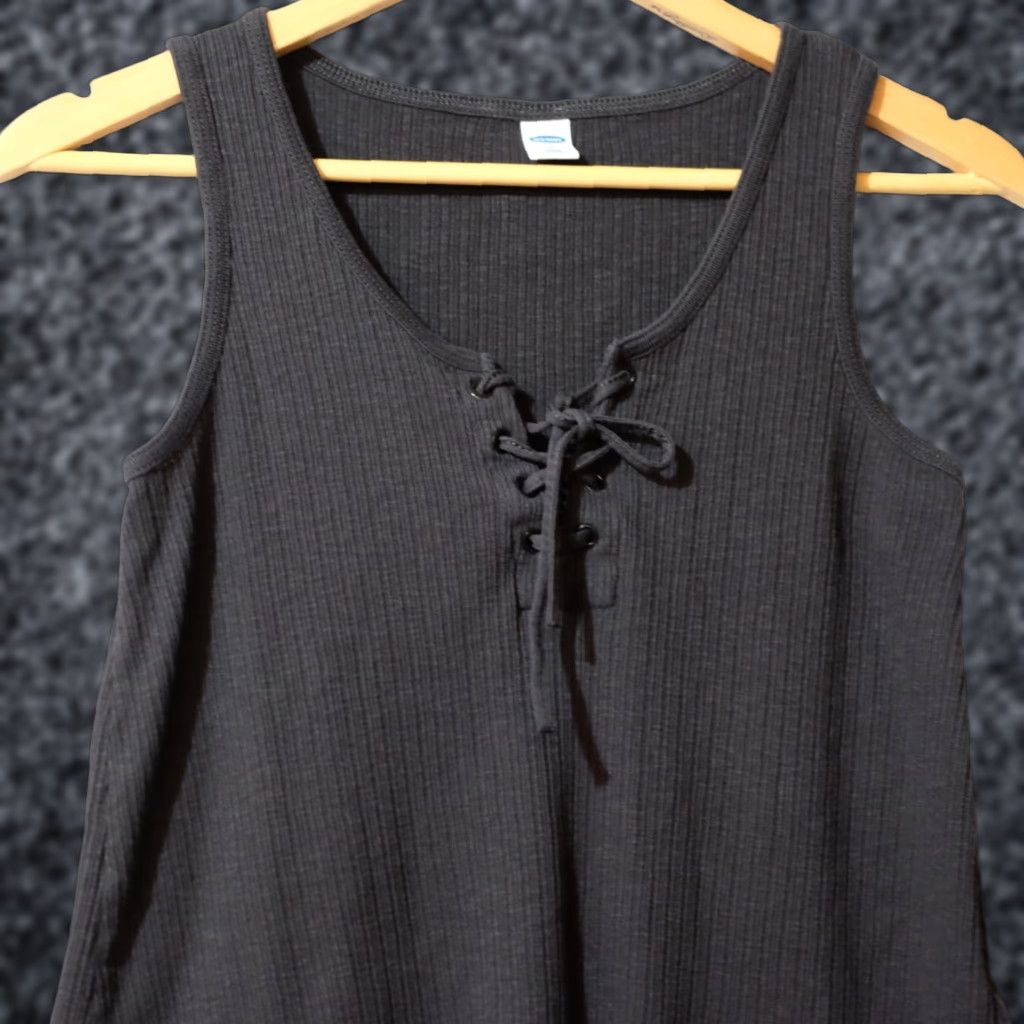 Old Navy EUC Old Navy Tank Top Lace Up Neck Black Ribbed Stretch Women's S Tank Shirt Slim Regular Size S Camisole? Size S / US 4 / IT 40 - 1 Thumbnail