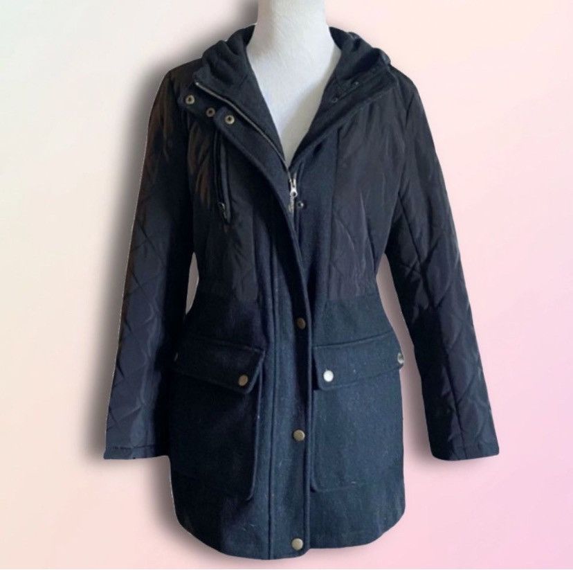 Apt. 9 Charcoal Black Wool Blend Mid Length Hooded Coat