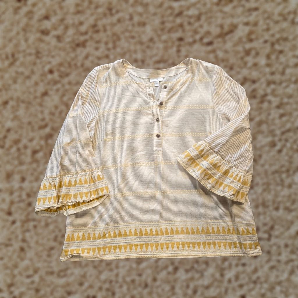 J. Jill J. Jill Top Womens M Tan Yellow Striped Flare Sleeve Cotton Boho Casual Shirt Size M / US 6-8 / IT 42-44 - 1 Thumbnail