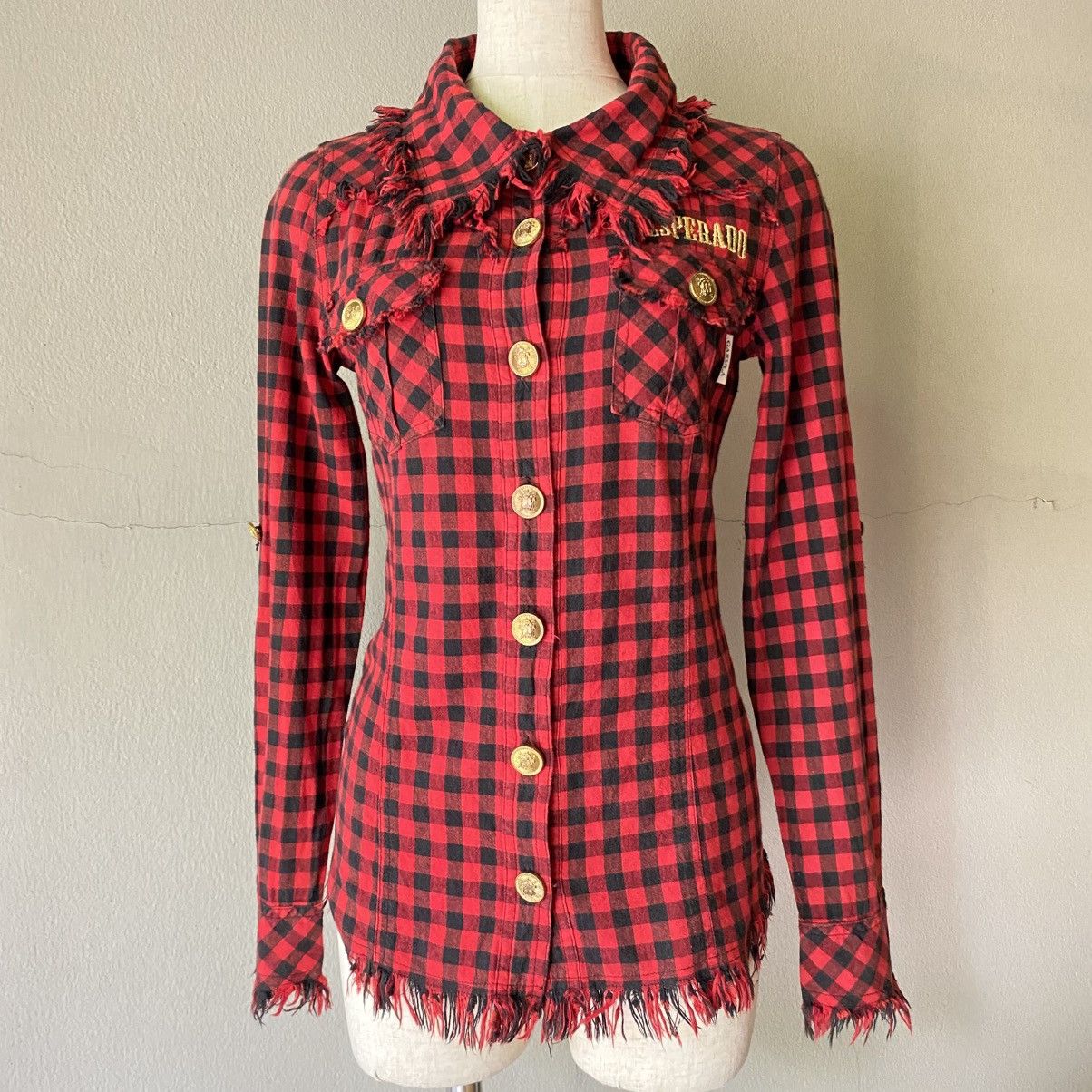 Designer × Japanese Brand GARULA Y2K Punk Red Black Check Frayed Shirt Size M / US 6-8 / IT 42-44 - 2 Thumbnail
