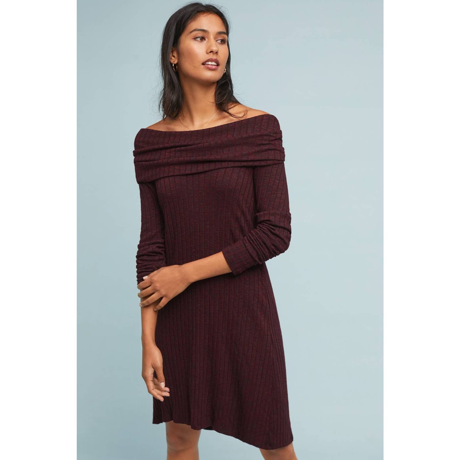 Anthropologie New Anthropologie Off-The-Shoulder Tunic Dress SMALL wine Size S / US 4 / IT 40 - 1 Thumbnail