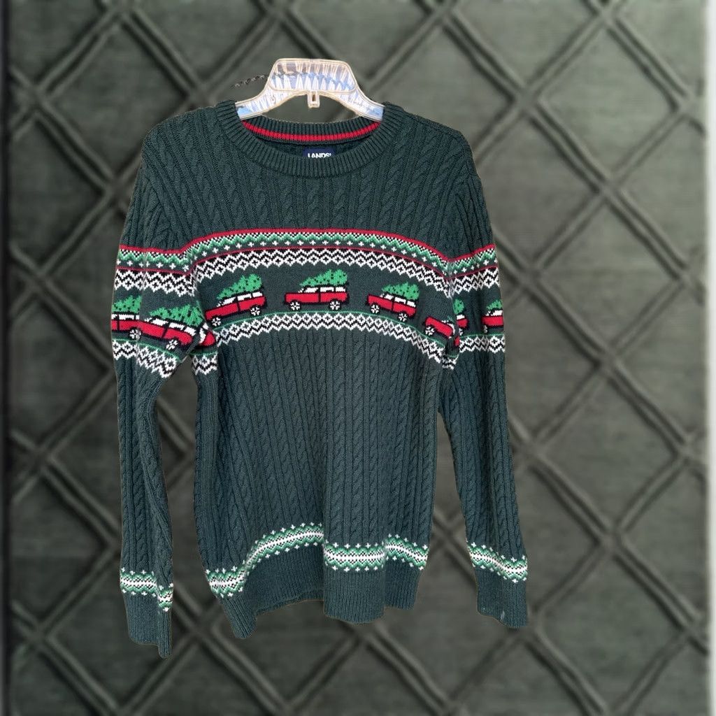 Lands' End Lands' End Christmas Sweater Men’s Small Green Cable-Knit Tree Truck Holiday Pullover Crewneck Mens Size US S / EU 44-46 / 1 - 1 Thumbnail
