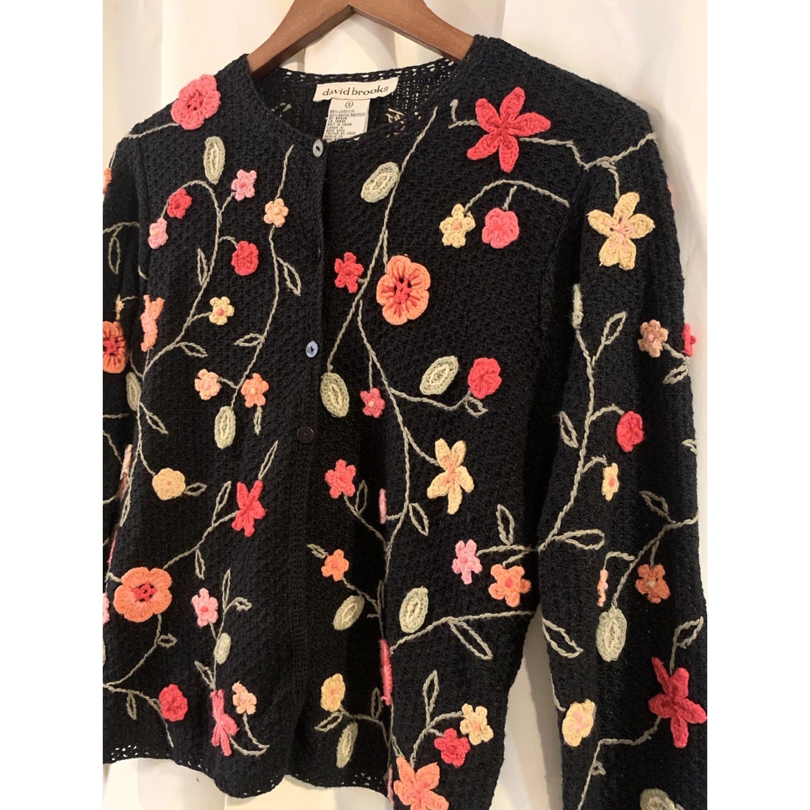 Brooks DAVID BROOKS Cardigan Sweater Women S Black Multi Floral Embroidered Cottagecore Knit Long Sleeve Round Neck Vintage No Size S / US 4 / IT 40 - 3 Thumbnail