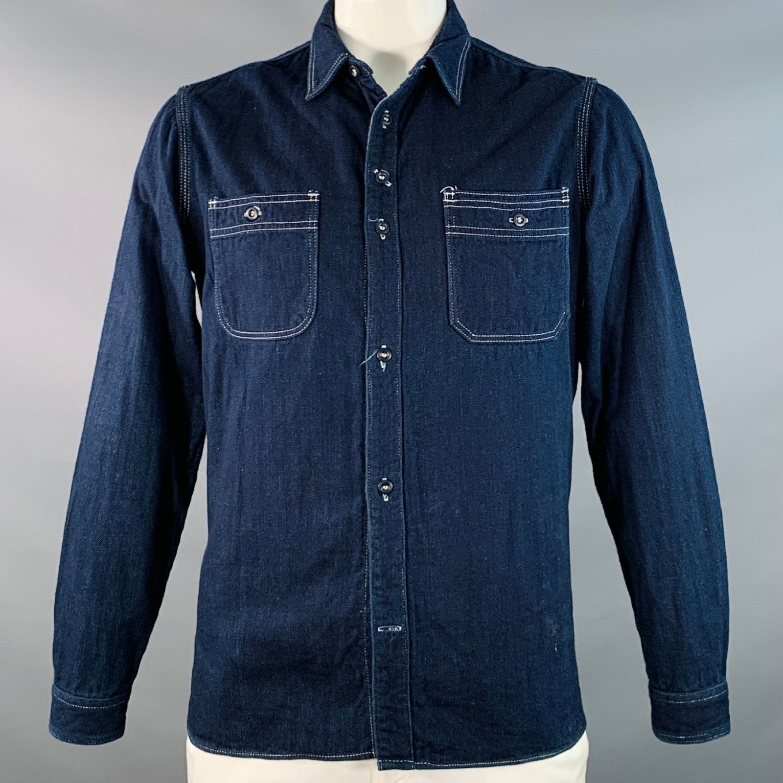Navy Indigo Twill Cotton Contrast Stitch Long Sleeve Shirt
