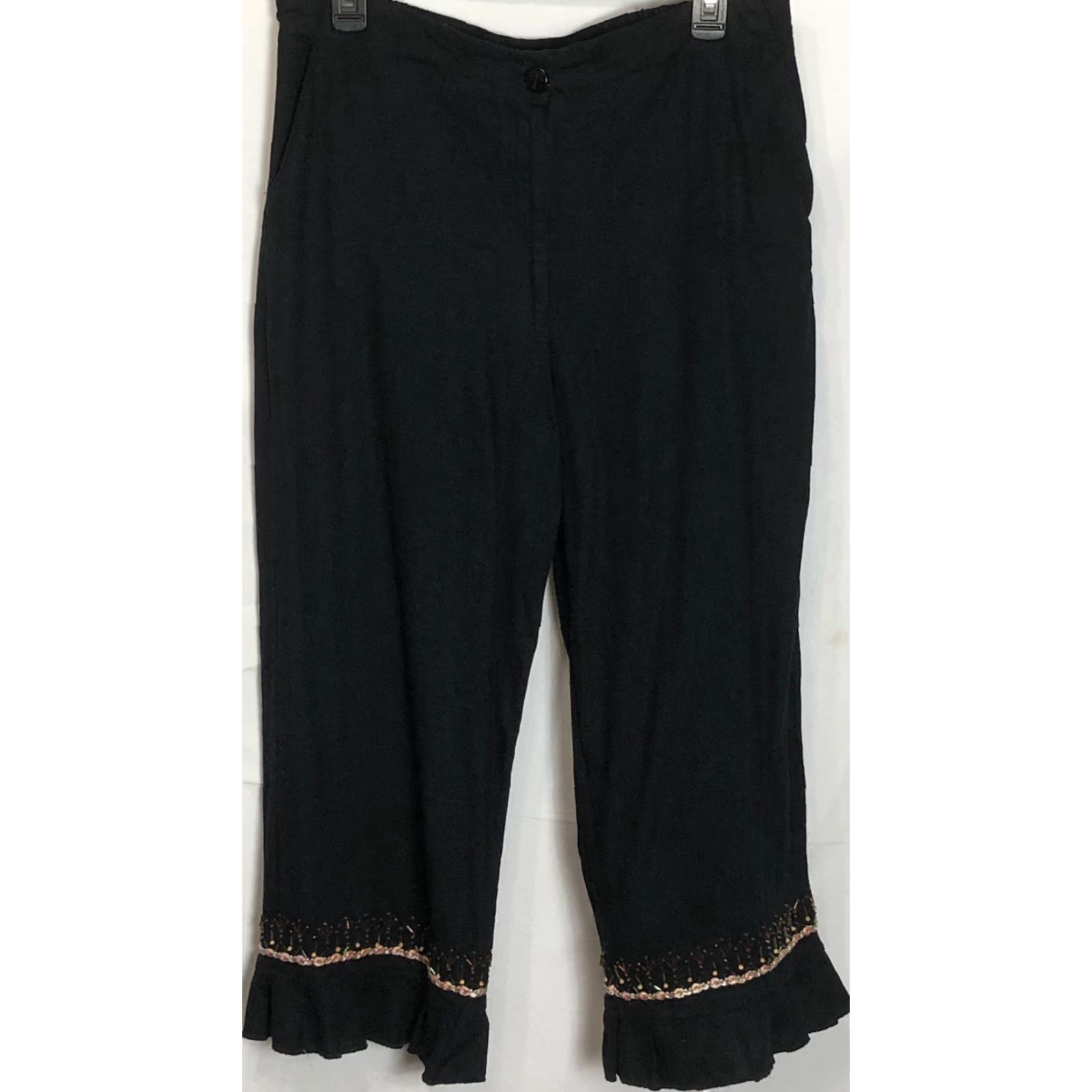 Vintage Hearts Of Palm Pants Cropped Casual Women 14 Black High Rise Beaded Linen Rayon 24in Inseam 32W Stretch Crop Size 24" / US 00 / IT 34 - 2 Thumbnail