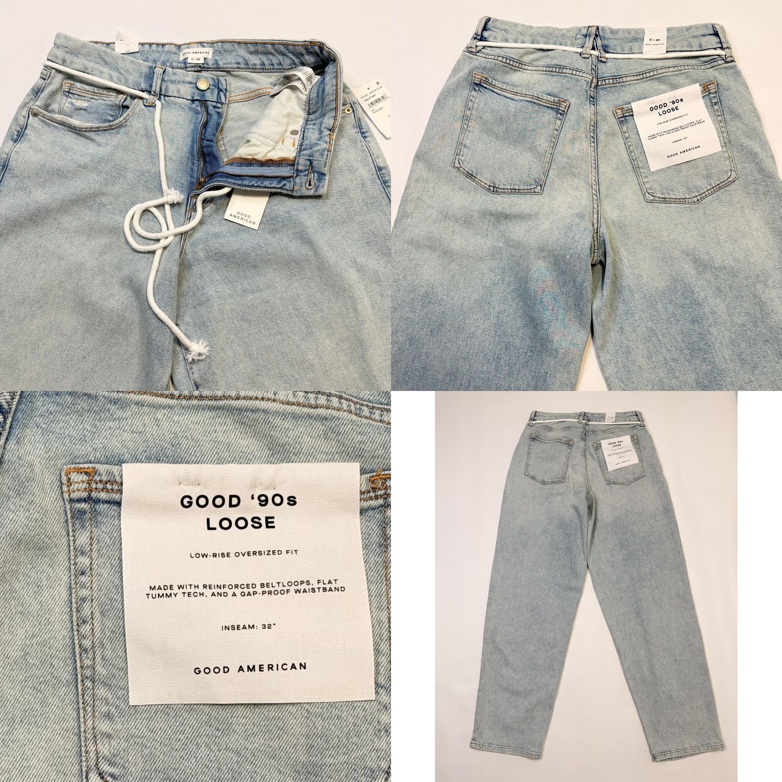 Good American Good American Jeans Womens 2 Light Wash 90s Loose Low Rise Drawstring Belted Pockets Zip Fly Straight 32in Inseam Size 26" / US 2 / IT 38 - 9 Thumbnail