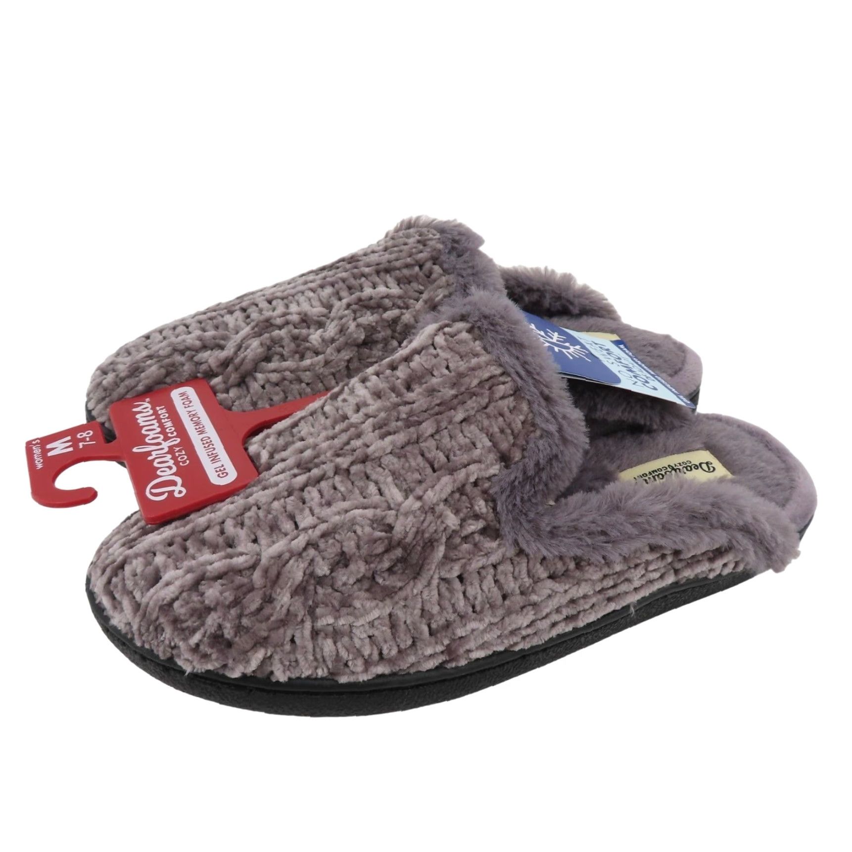Vintage Dearfoams Women Slipper 7-8 Grey Chenille Cable Knit Faux Fur Slide NEW Size US 7 / IT 37 - 2 Thumbnail
