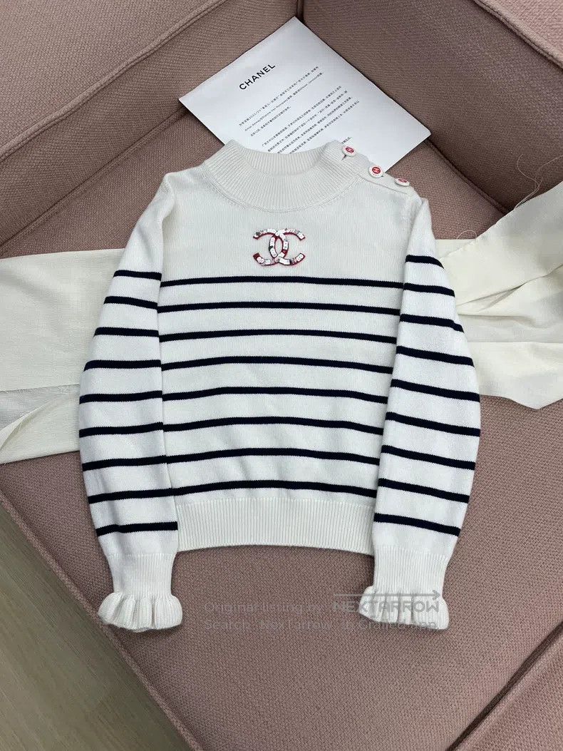 Chanel Chanel Striped large logo knitted sweater long sleeves Size XXS / US 00 / IT 34 - 1 Thumbnail