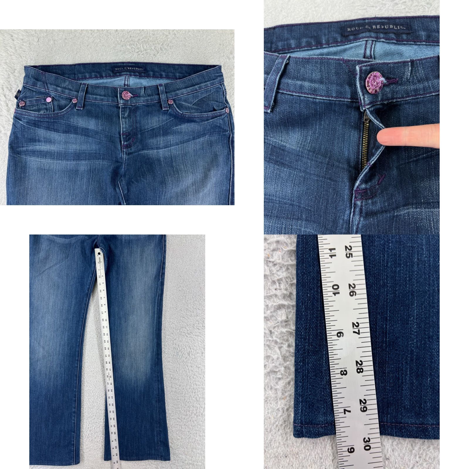 Vintage Rock & Republic Jeans Women 31 Blue Denim Bootcut Embroidered Dark Wash Low Rise Size 24" / US 00 / IT 34 - 8 Thumbnail