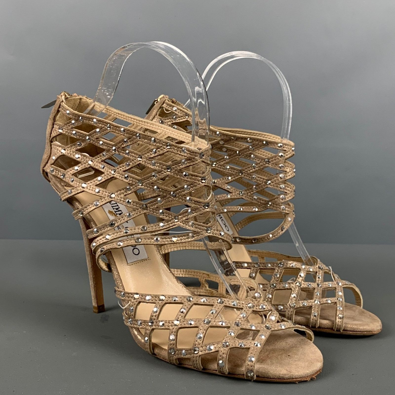 Jimmy Choo JIMMY CHOO 10 Beige Gold Suede Rhinestones Ankle Sandals Size US 10 / IT 40 - 1 Thumbnail