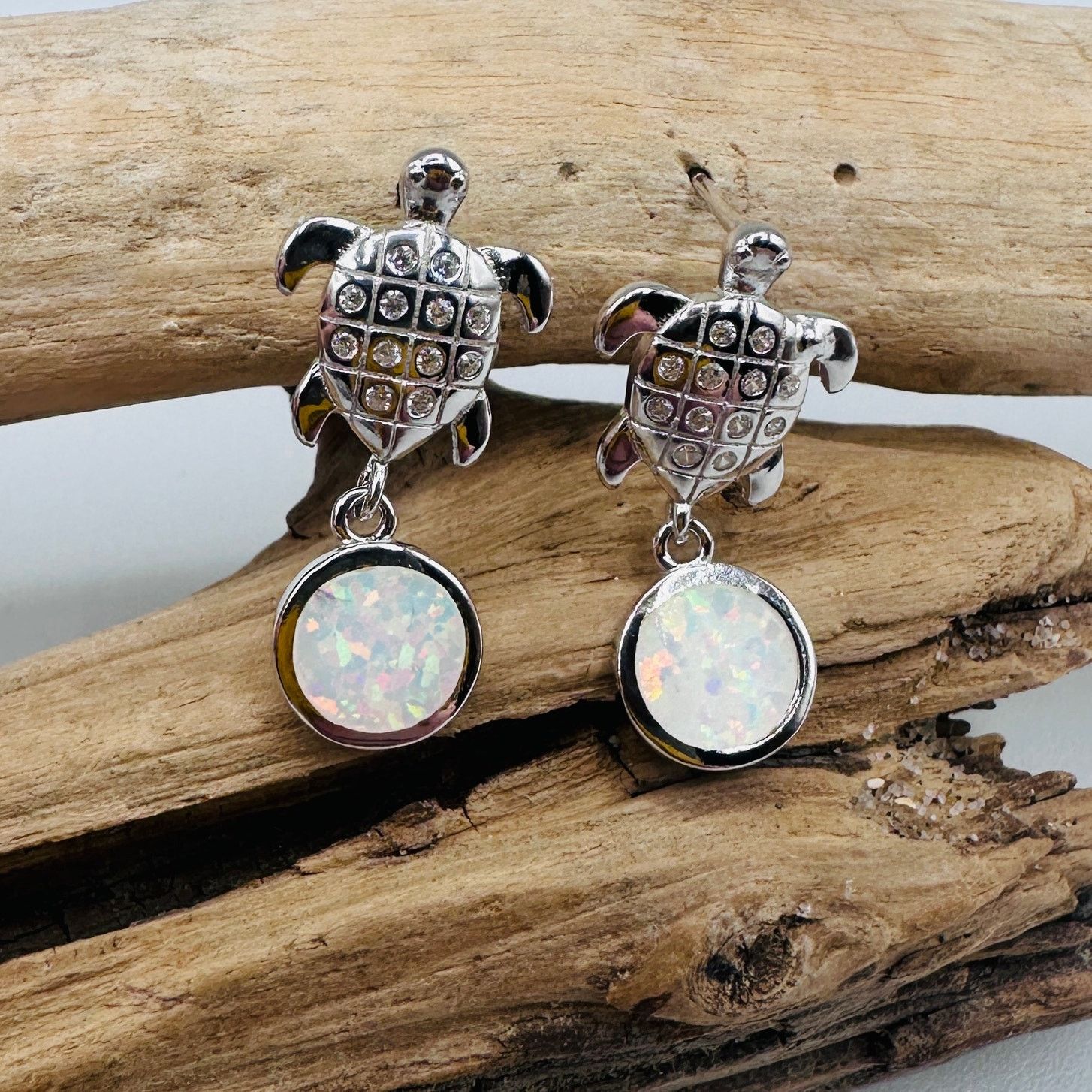 The Unbranded Brand Sterling Silver White Opal Sea & White Topaz Turtle Earrings Size ONE SIZE - 1 Thumbnail