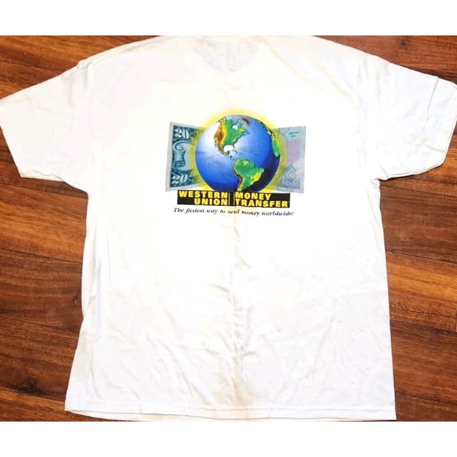 Hanes VINTAGE Hanes Western Union Money Transfer T Shirt Men's XL Double Sided White Cotton Graphic Print 90s Retro Money Theme Mens Size US XL / EU 56 / 4 - 7 Thumbnail