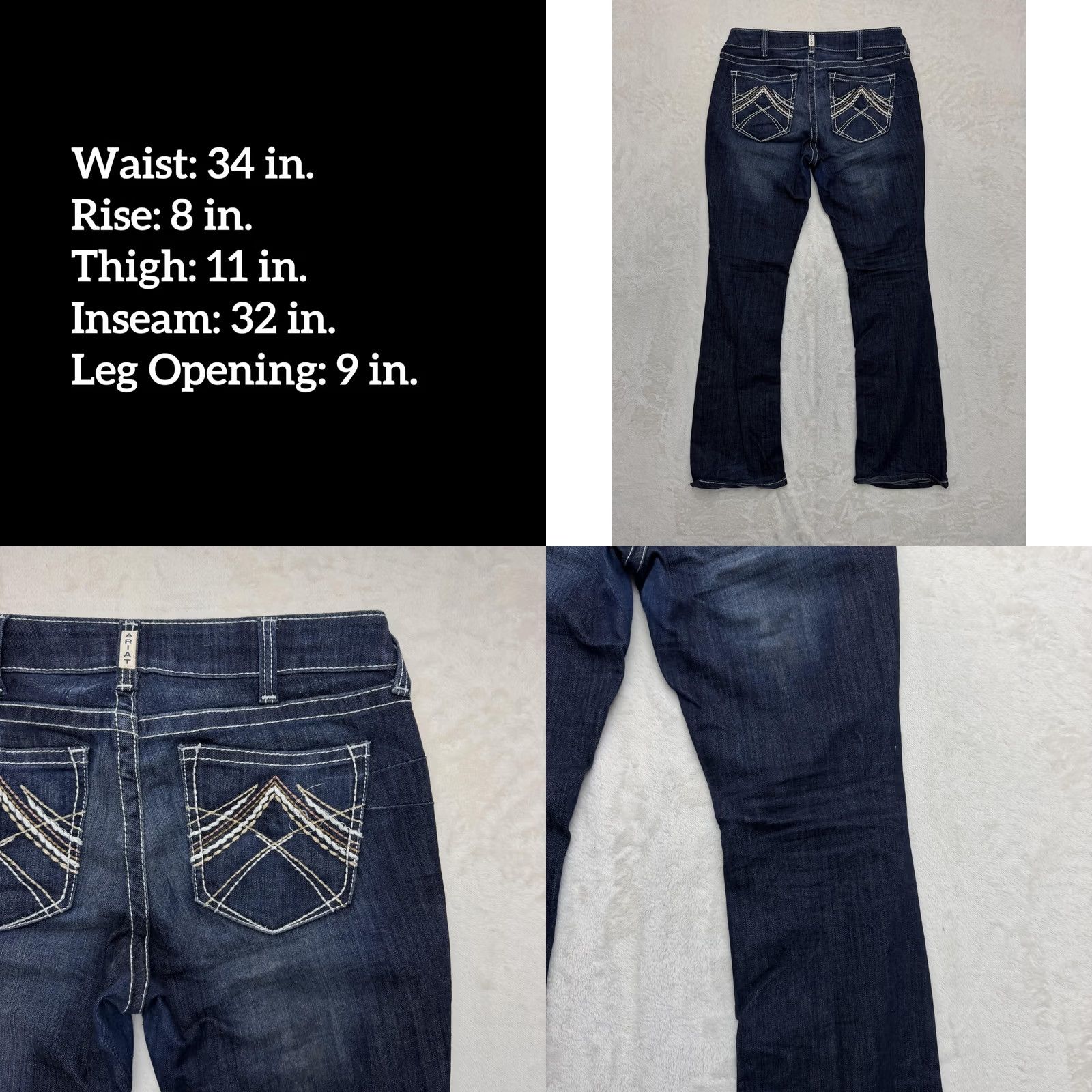 Ariat Ariat REAL Denim Jeans Womens 34x32 Bootcut Low Rise Embroidered Blue Denim 5-Pocket Western Stretch Jeans Womens Size 24" / US 00 / IT 34 - 8 Thumbnail