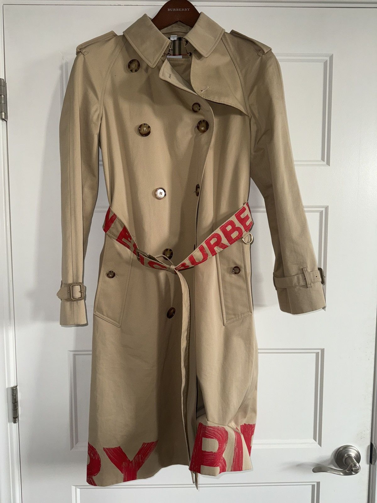 Image of Burberry Logo-Print Double-Breasted Trench Coats in Brown, Women's (Size XS)