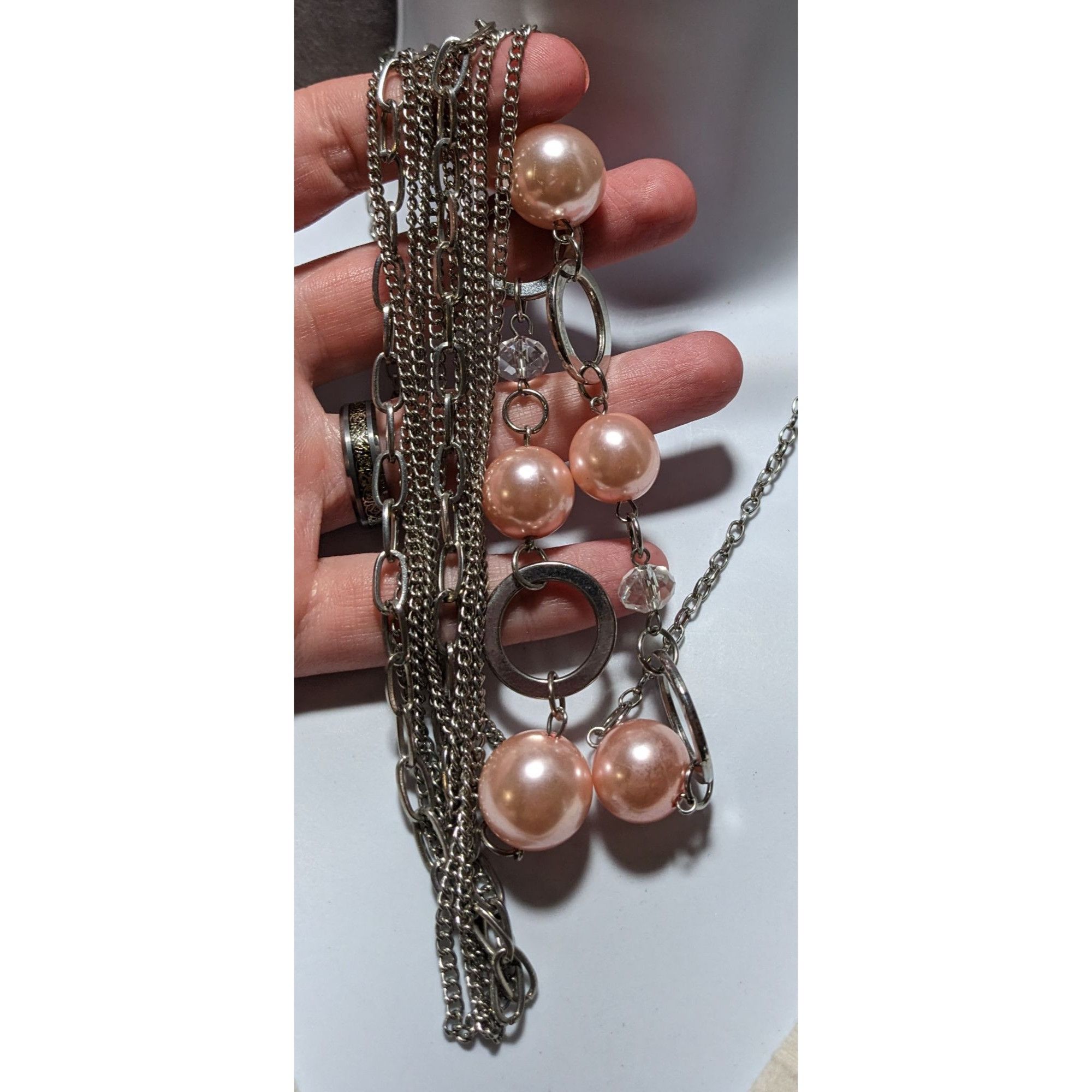 Other Long Silver & Pink Pearl Chain Necklace Size ONE SIZE - 8 Thumbnail