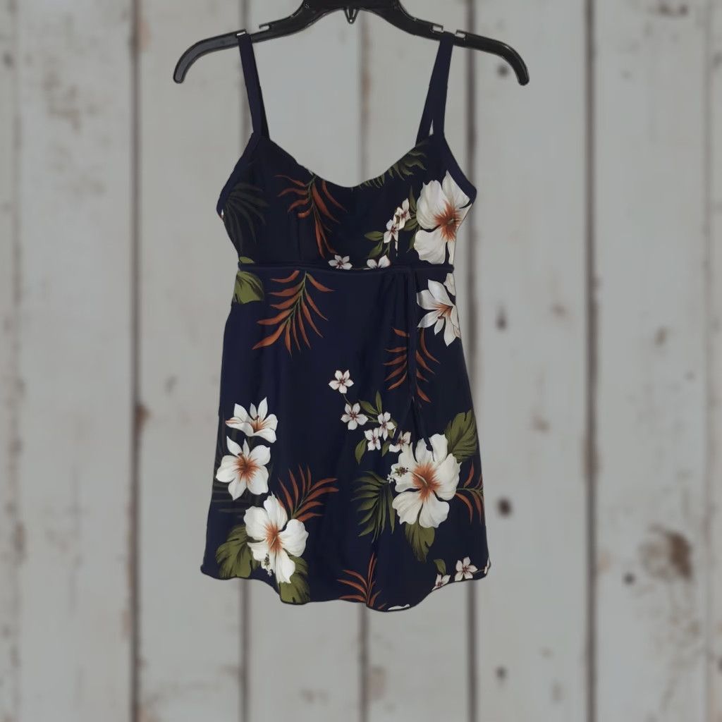 Vintage Indigo Bay Women's Navy Tropical Floral Swimdress Size 8 Tank Swim Skirt Ruffle Spaghetti Strap Size M / US 6-8 / IT 42-44 - 1 Thumbnail