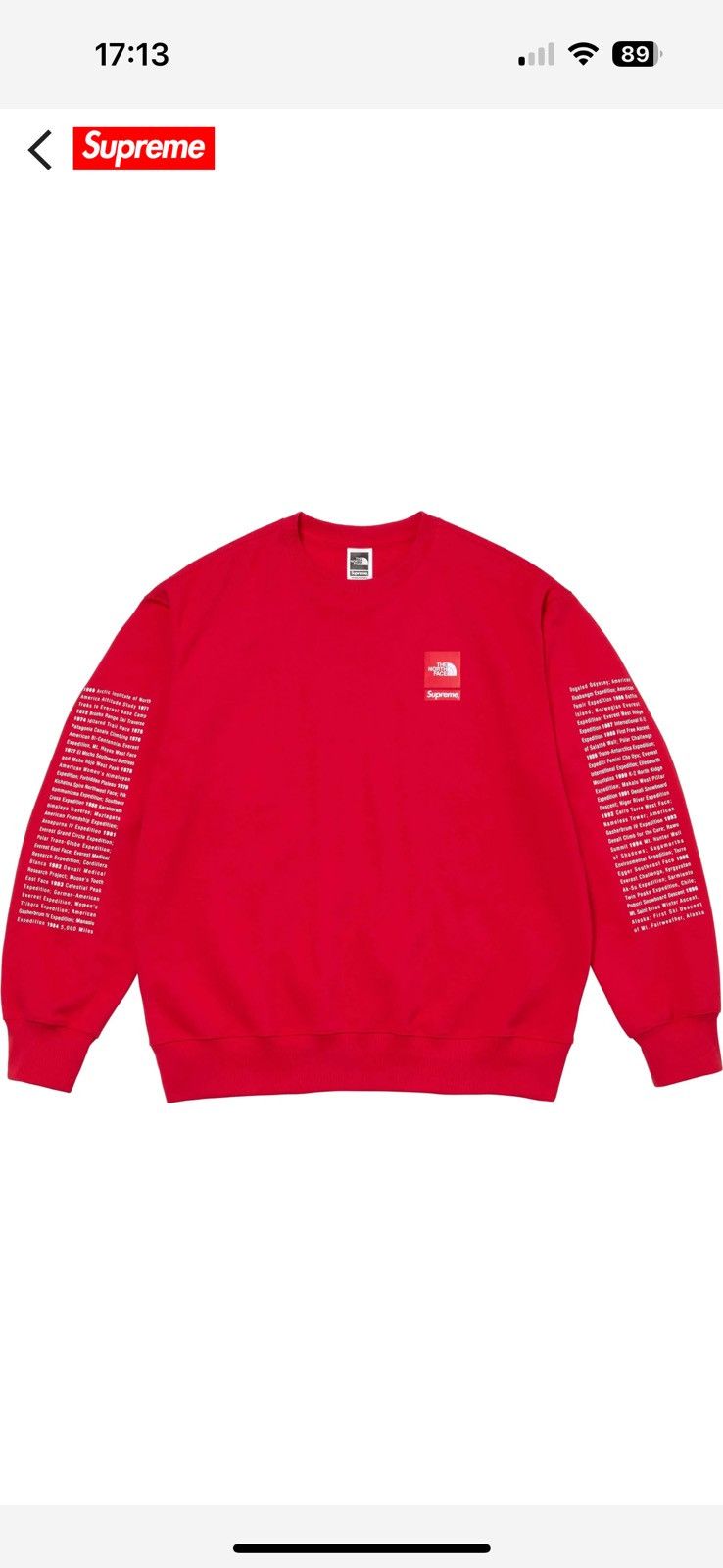 image of Supreme The North Face Crewneck Red, Men's (Size Small)