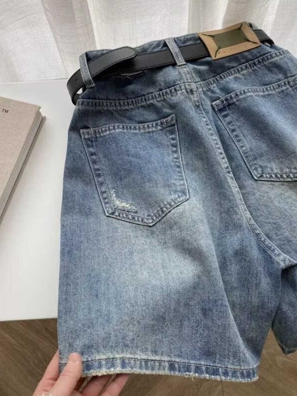 Japanese Brand × Jean Straight washed wide leg denim shorts with holes Size US 32 / EU 48 - 4 Thumbnail