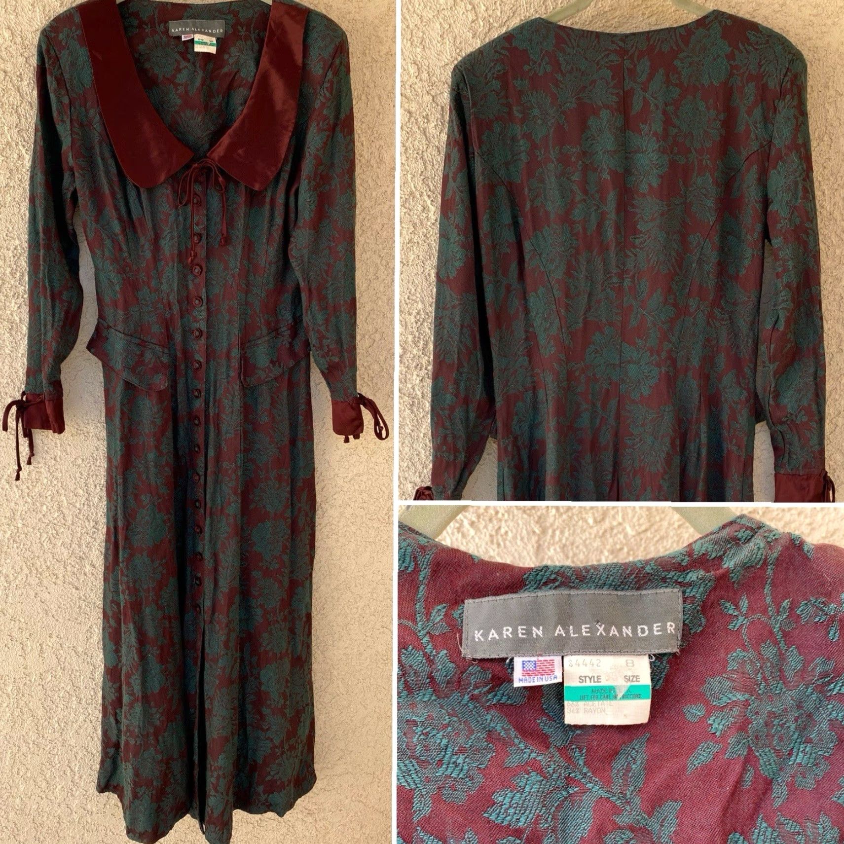 VINTAGE Karen Alexander Maxi Dress 1980s 1990s Floral Jacquard Burgundy Green USA 8 Red Bohemian Shirt?