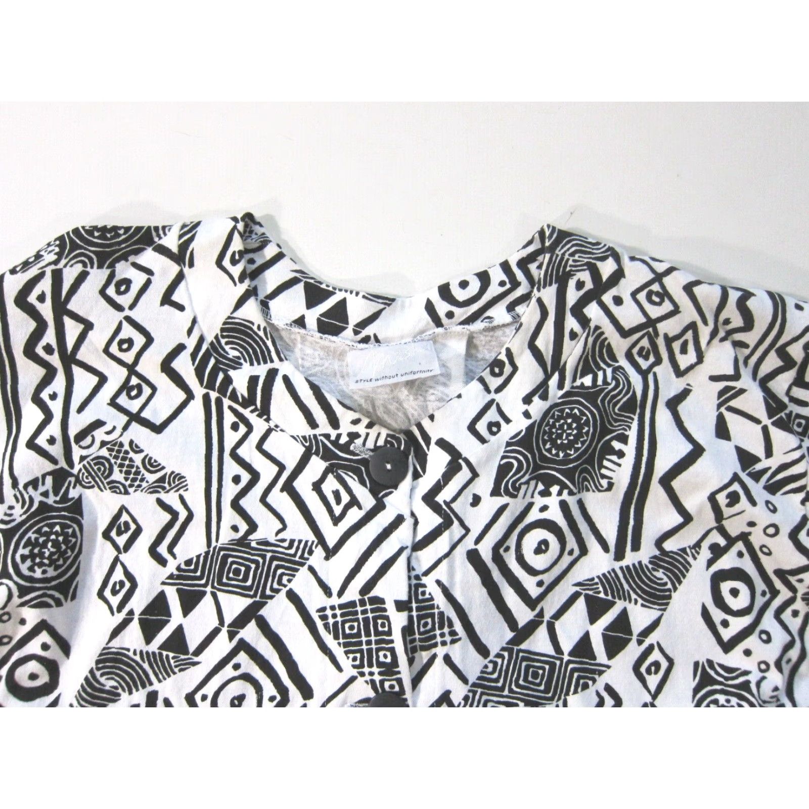Vintage Mishi Blazer Jacket Women OS Pocket Button Down 100% Cotton White Black Abstract Vintage Geometric Casual Business Formal 80s 90s Size ONE SIZE - 5 Thumbnail