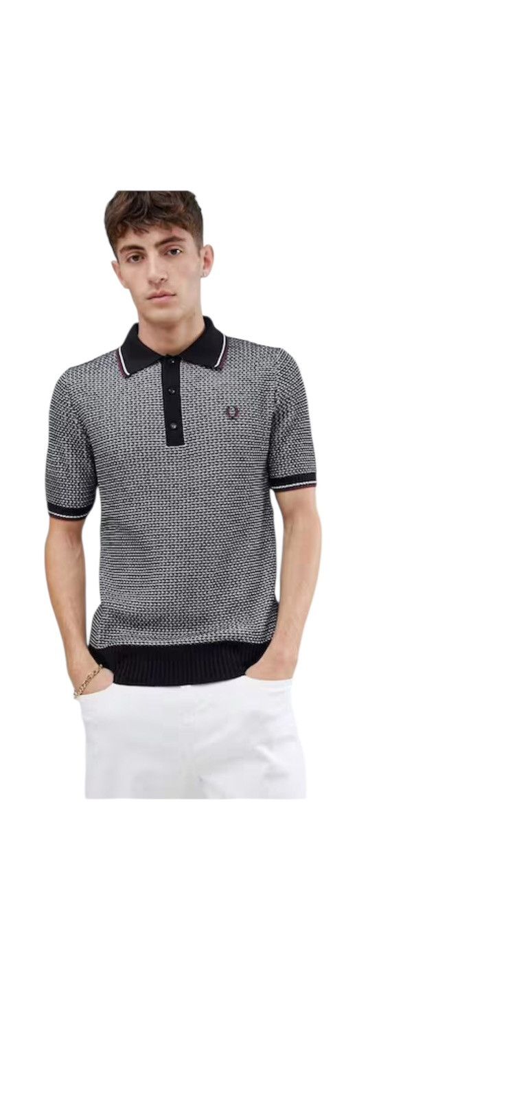 Fred Perry Fred Perry Reissues Knitted Polo, Black & White Size US XS / EU 42 / 0 - 6 Thumbnail