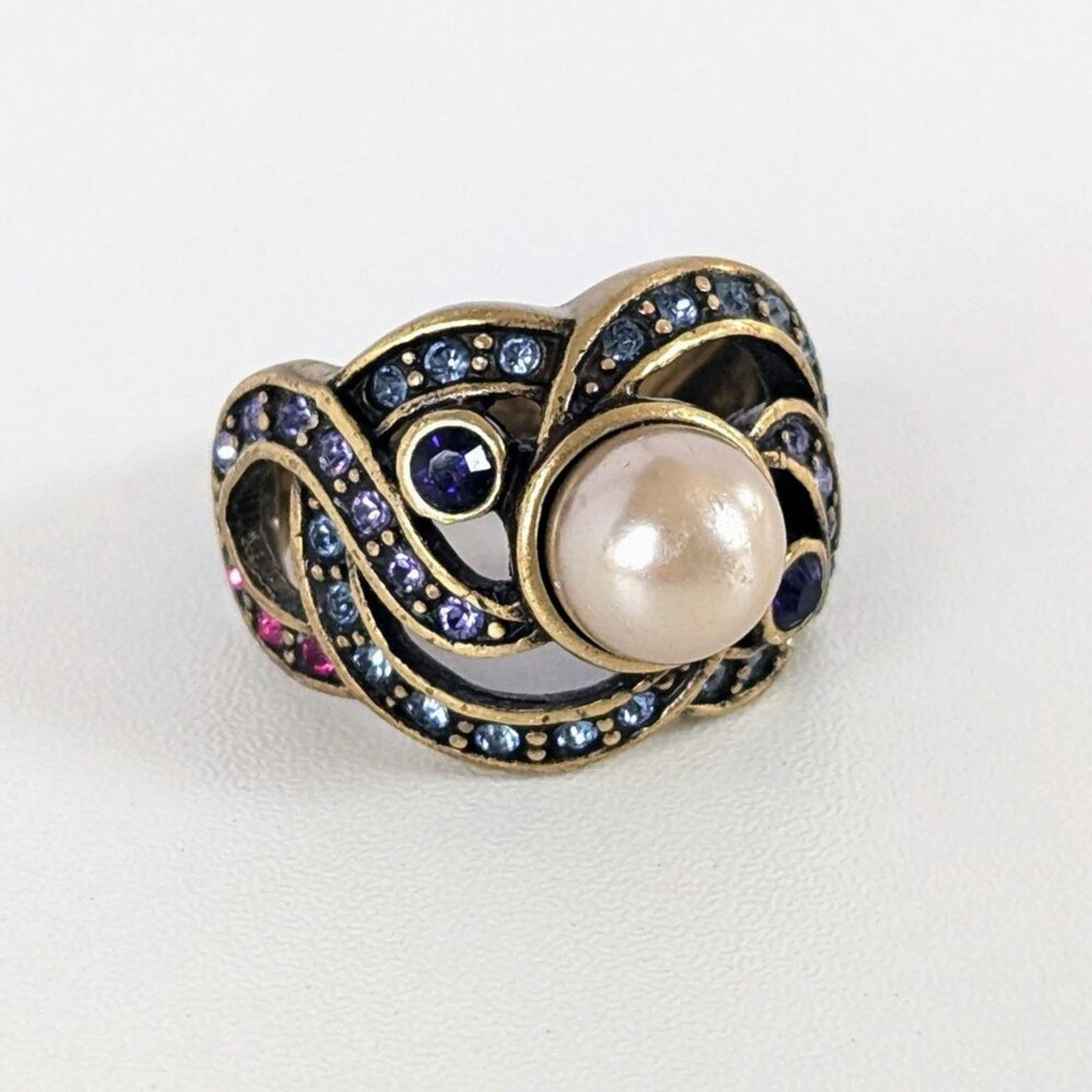 Vintage Vintage Heidi Daus Faux Pearl Amethyst Crystal Cocktail Ring Size ONE SIZE - 1 Thumbnail