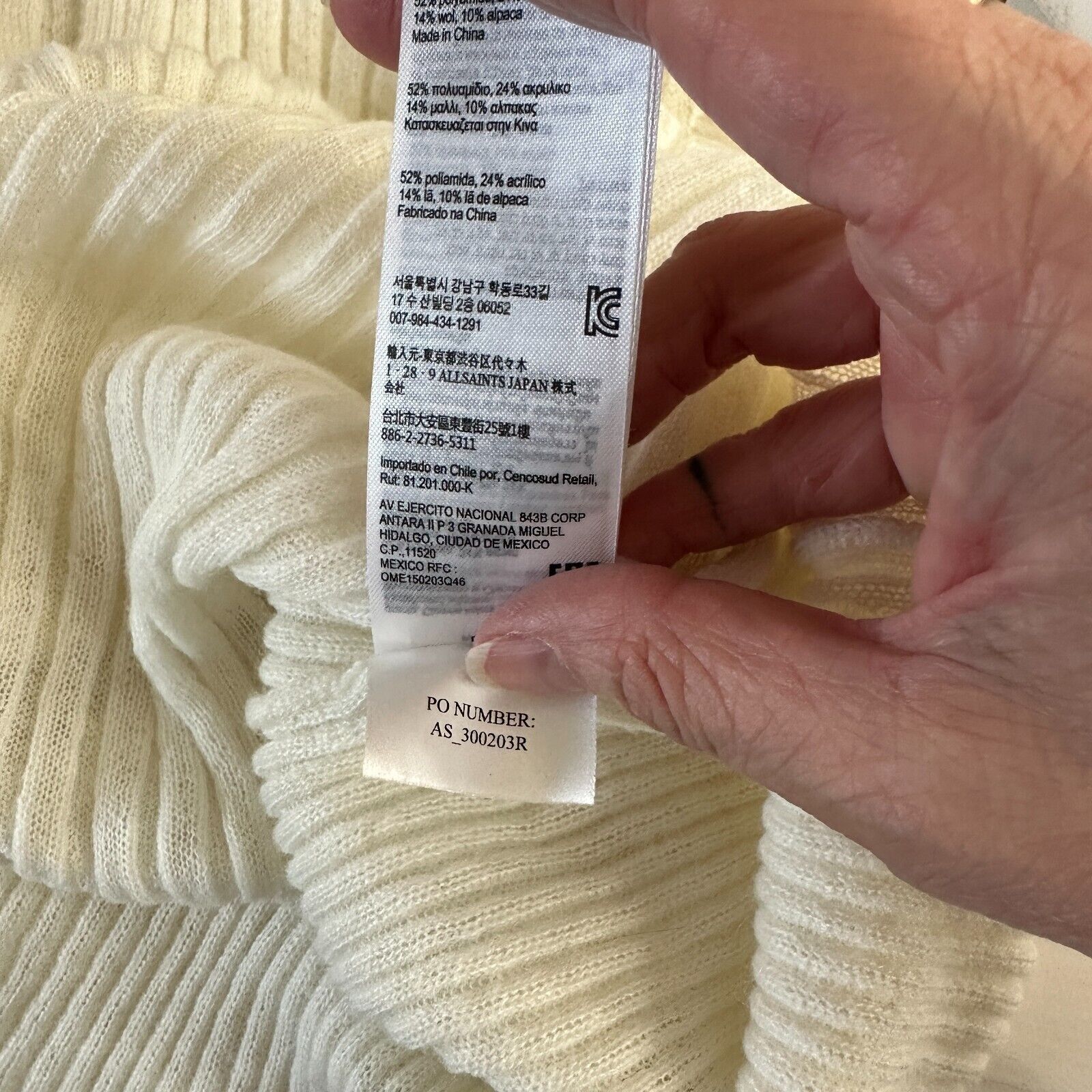 Allsaints Allsaints Cream Ribbed Long Sleeve Round Neck Thin Sweater L Size L / US 10 / IT 46 - 12 Thumbnail