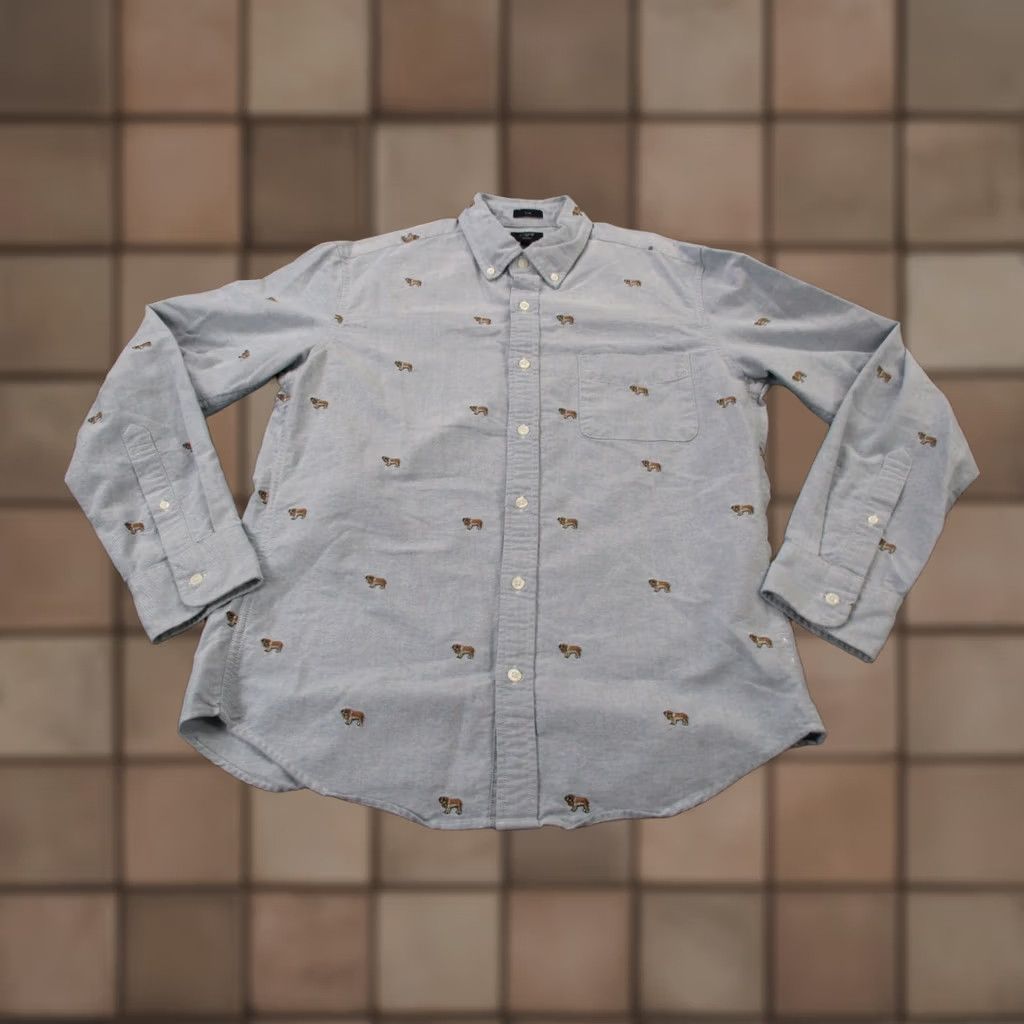 J.Crew J.CREW Shirt Mens M Blue Oxford Slim Dress Embroidered Graphic Print Pattern Button-Up Knit Collar Spread Classic Slimming Modern Size 40R - 1 Thumbnail