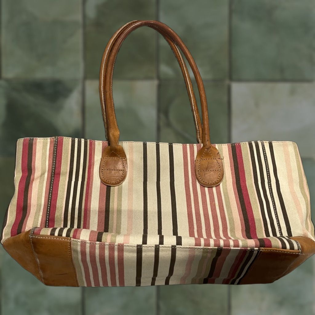 J. Jill J. Jill Tote Striped Canvas And Leather Purse Bag Womens Medium Multicolor Pink Trim Leather Accents Bag/Handbag Size ONE SIZE - 1 Thumbnail