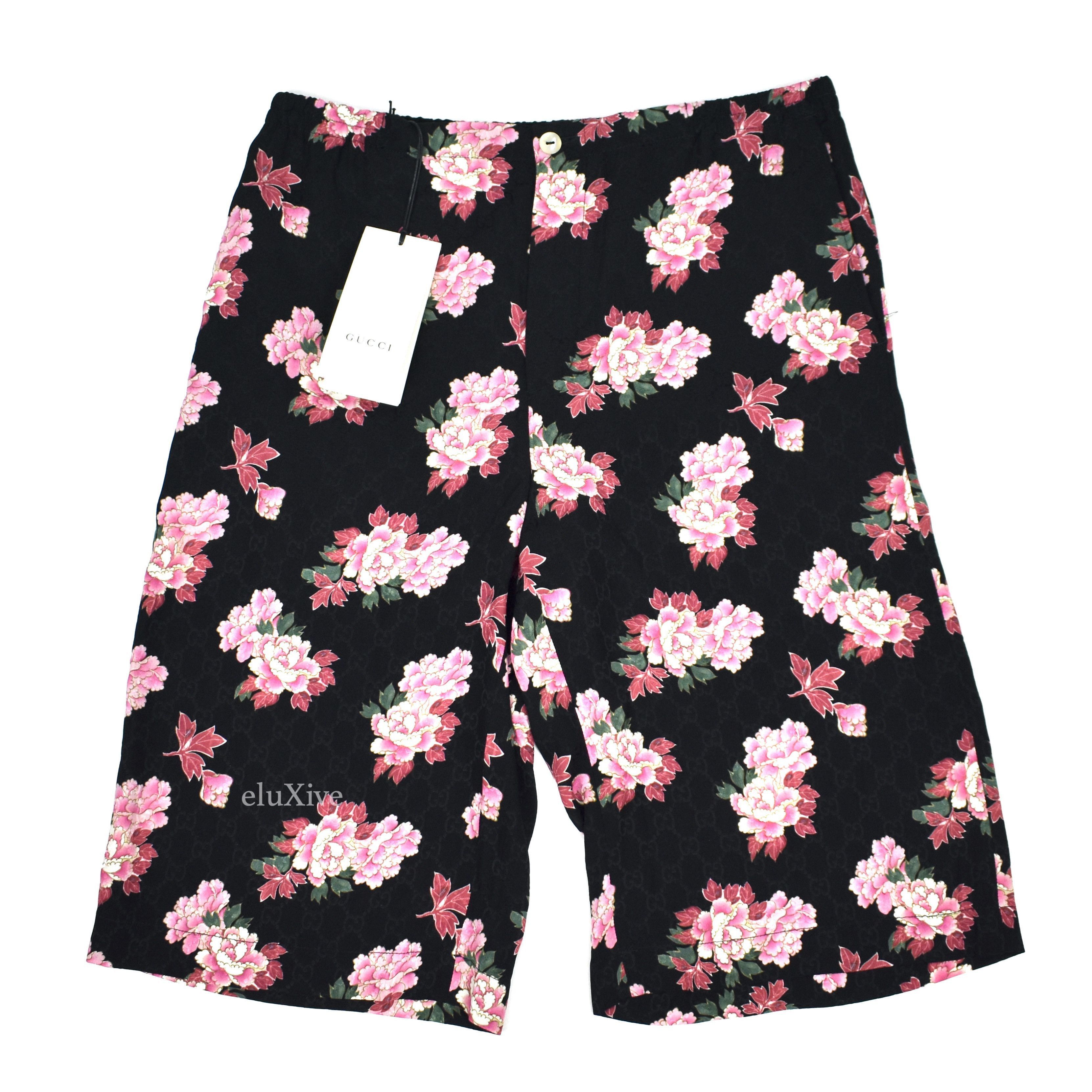 Gucci Gucci Black GG Monogram Peony Blooms Print Silk Shorts NWT Size US 32 / EU 48 - 1 Preview