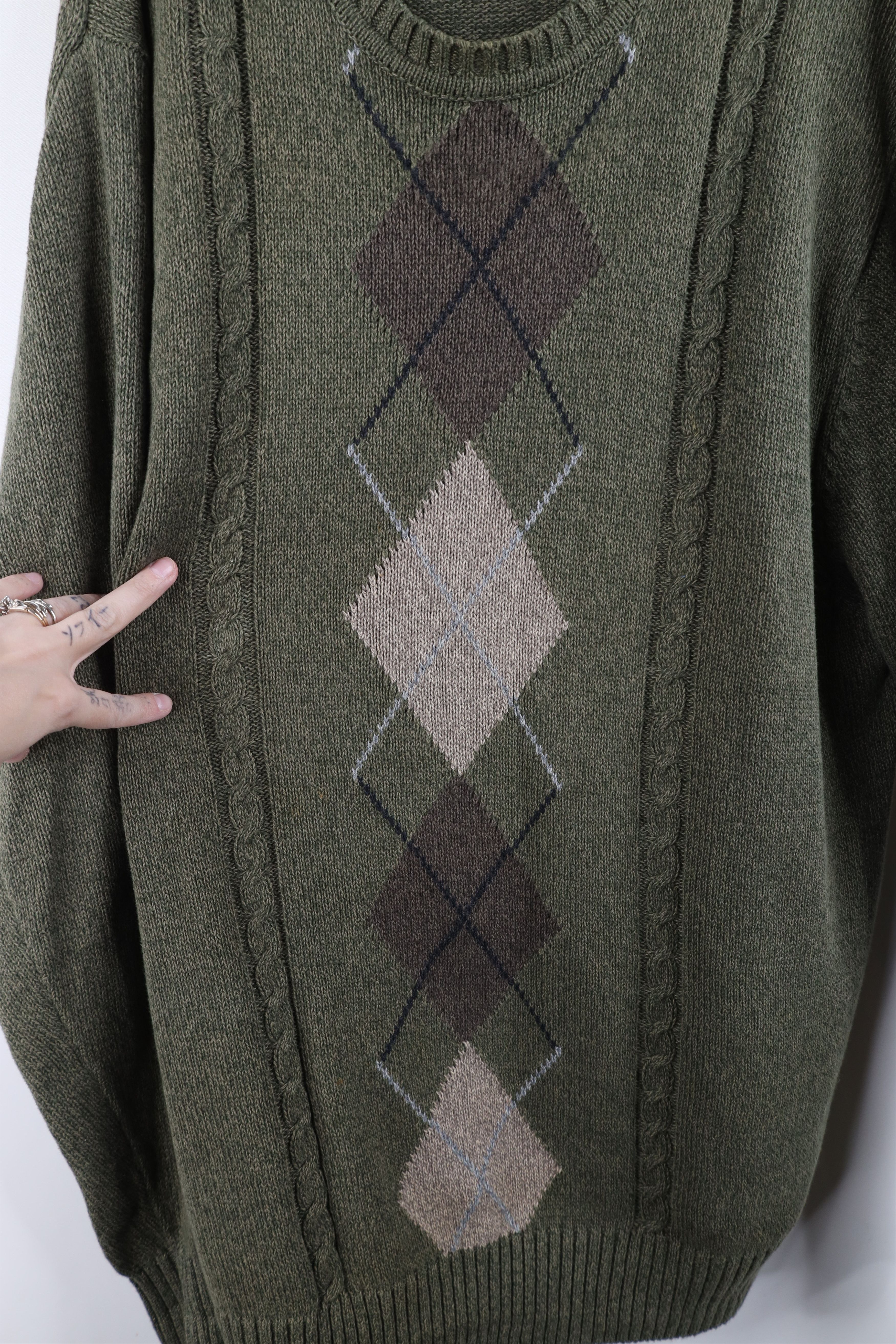 Vintage Vintage 90s Streetwear Cotton Cable Knit Sweater Green Size US XL / EU 56 / 4 - 4 Thumbnail