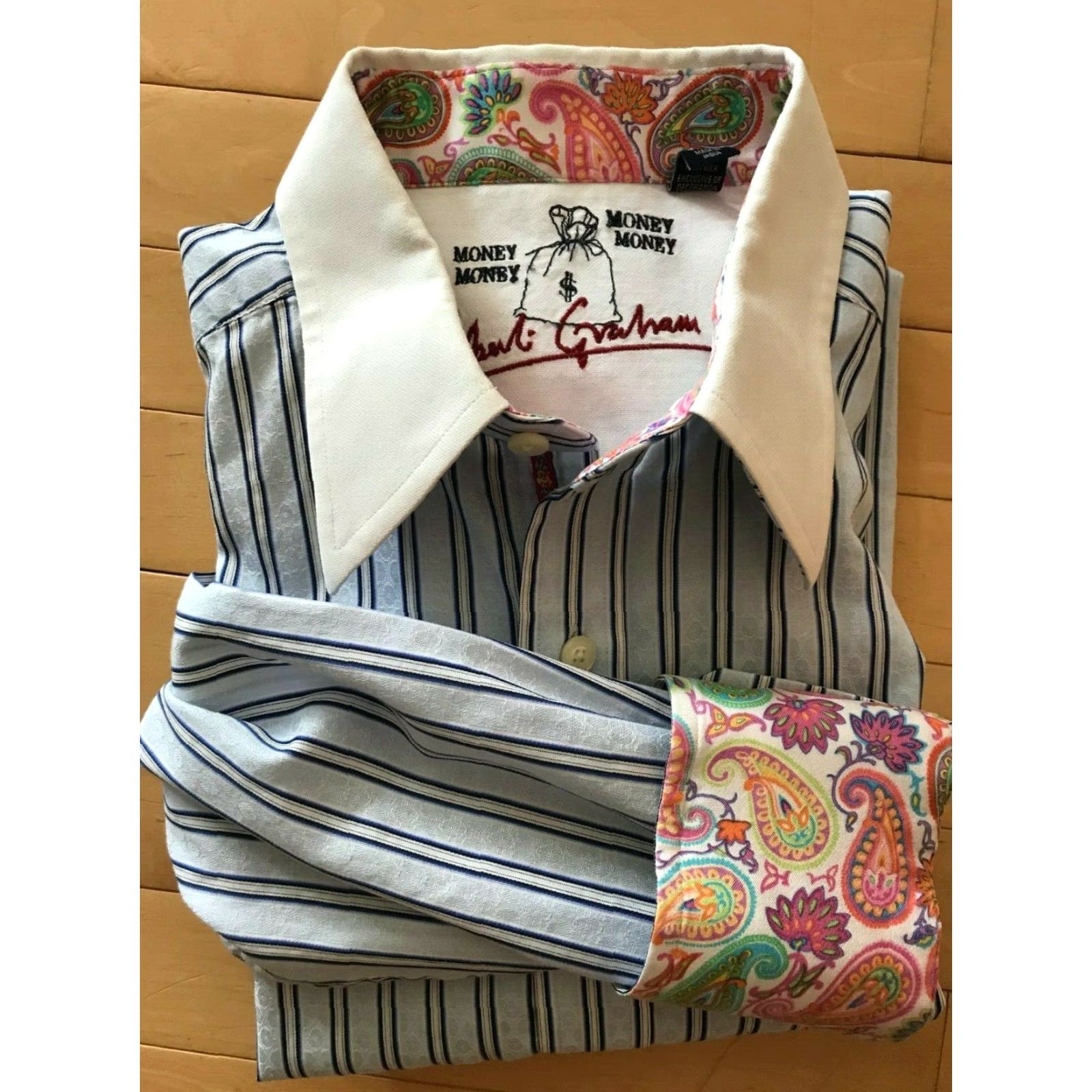 Robert Graham Robert Graham Money Money Men's Blue Long Sleeve Paisley Flip Cuff Shirt sz L Size US L / EU 52-54 / 3 - 2 Thumbnail