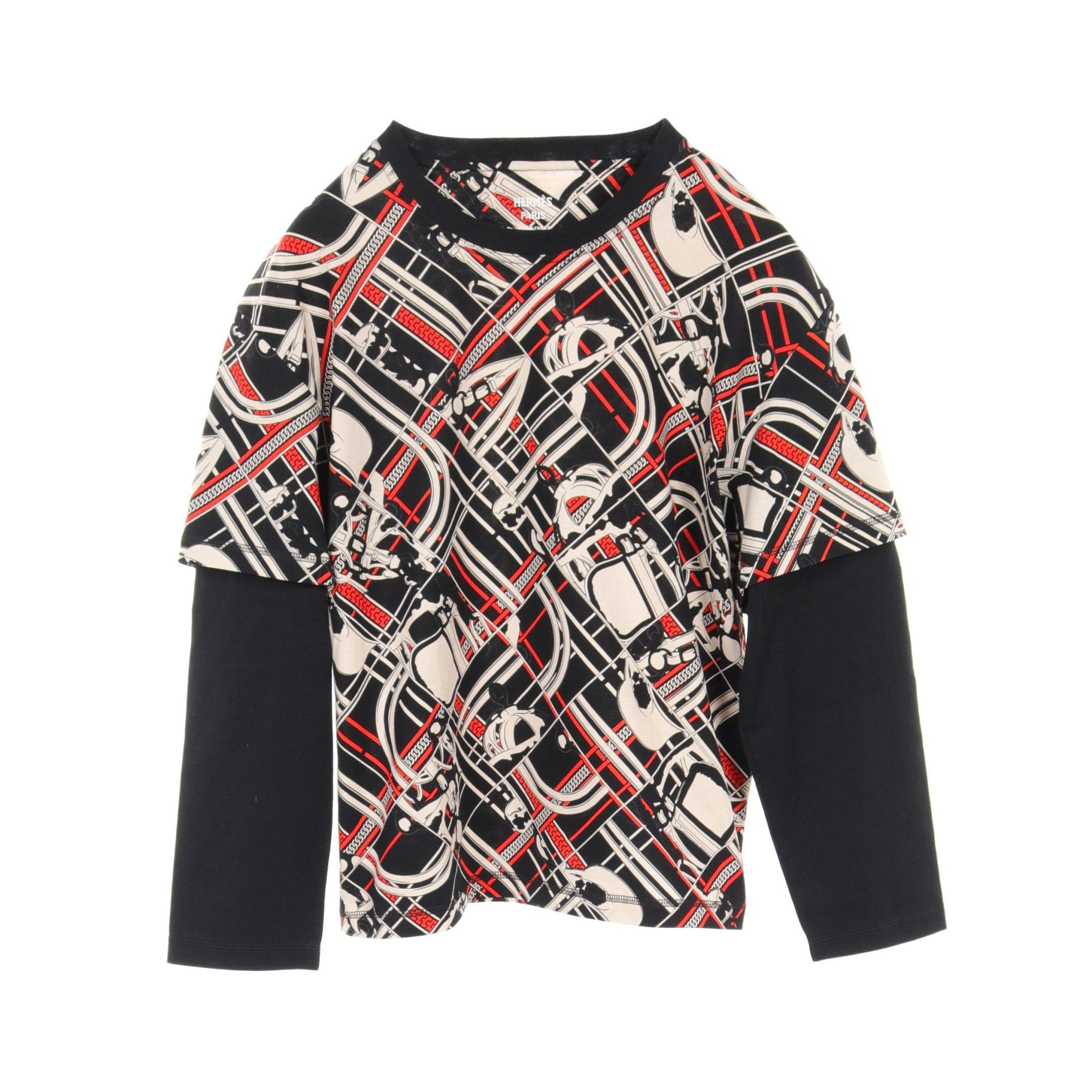 Hermes Hermes En Desordre Et Chaines T-Shirt Cut And Sew Crew Neck Long Sleeve Cotton Black Orange Ivory Fake Layered Size ONE SIZE - 1 Thumbnail