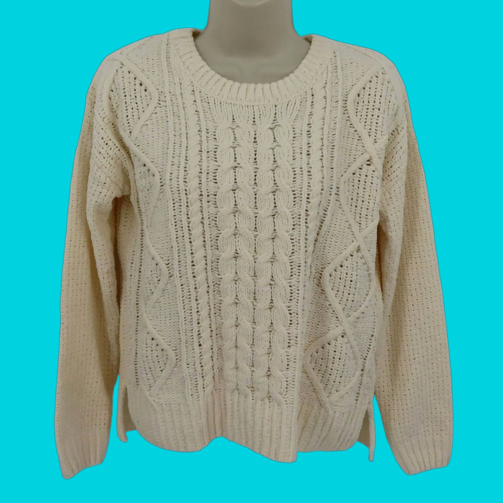 Vintage SO Juniors Small Solid Cream Cable Knit Chenille Pullover Sweater Crew Neck NEW - Women - Sweater - Regular Fit Size S / US 4 / IT 40 - 1 Thumbnail